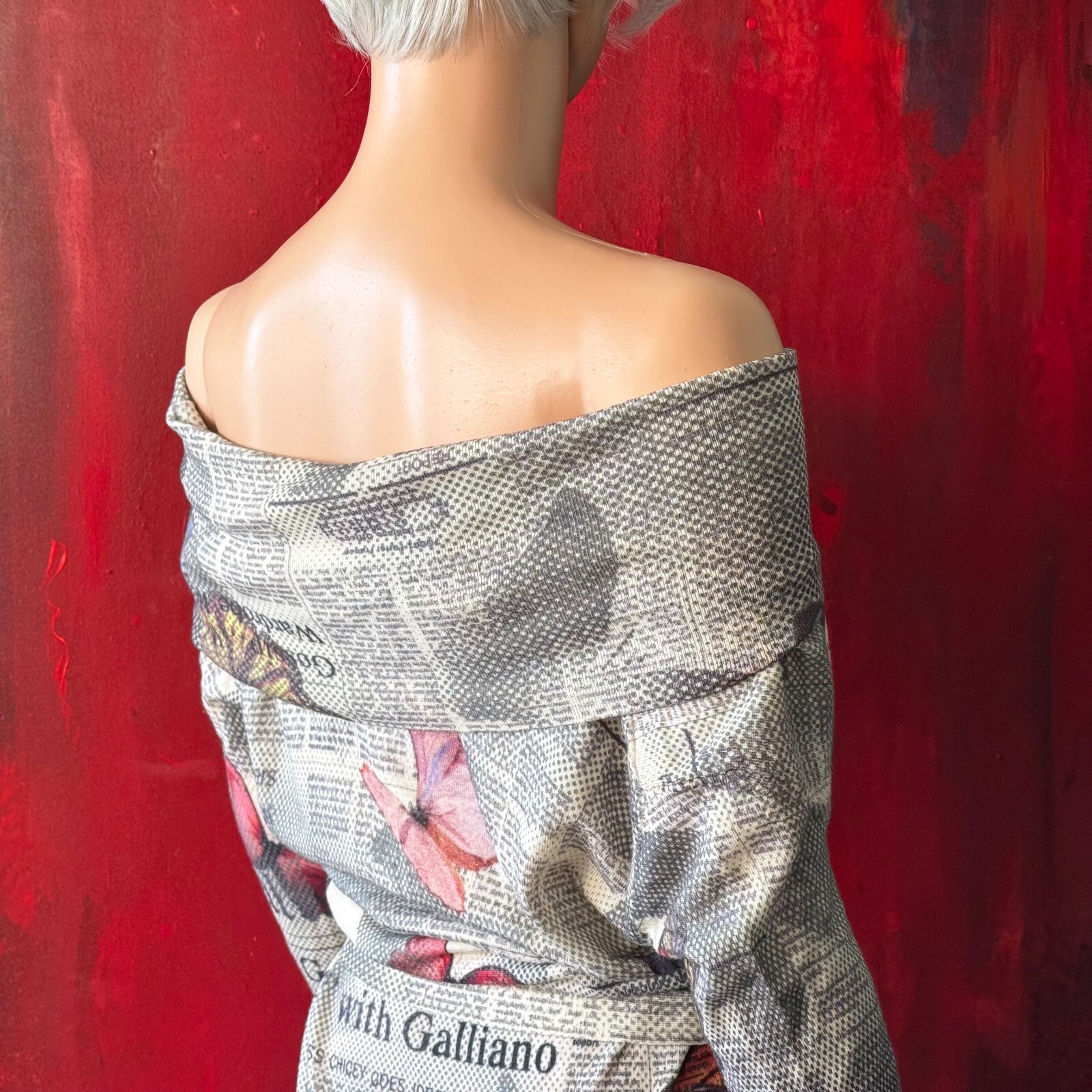 JOHN GALLIANO 2000s Gazette Newspaper Butterfly wool stretch dress print size M
