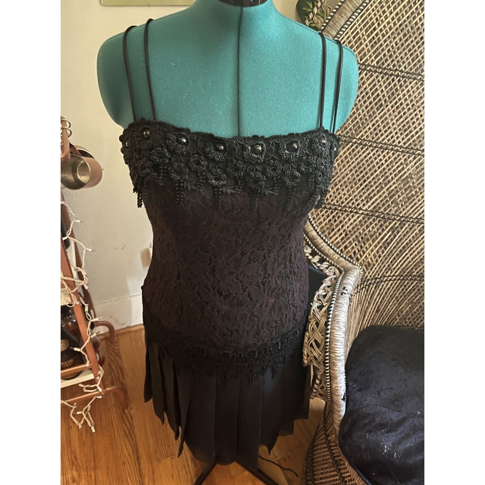 80s-90s Black Beaded Strappy Knee Length Dress with Lace + Chiffon