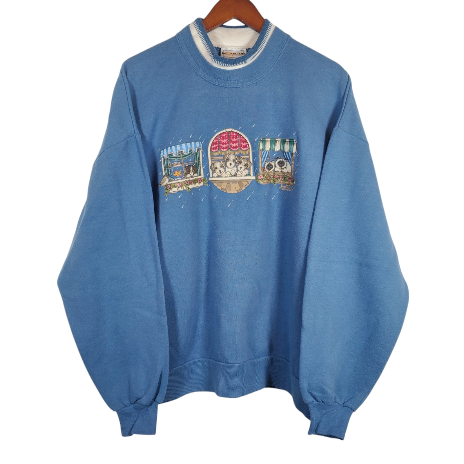 VTG Puppy Cat Rain Sweatshirt XL Morning Sun Periwinkle Blue Grandma Cottagecore