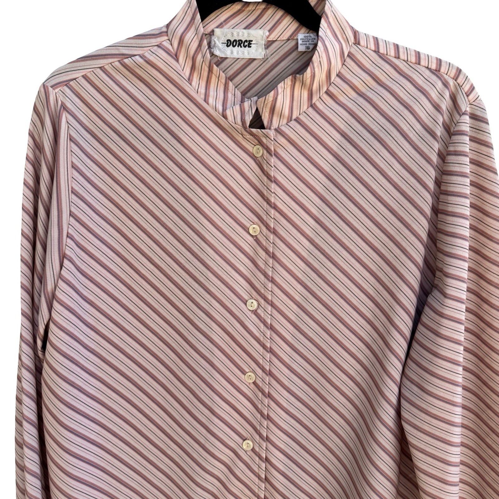 Dorce Vintage 70s Pink Striped Mandarin Collar Blouse 16 Mod Retro Secretary