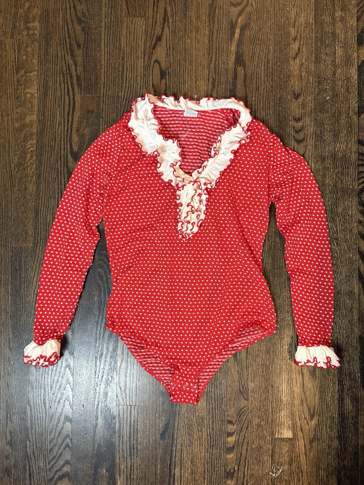 VTG Radlee Red White Polka Dots Ruffled Collar/ Cuffs LS Snap On Body Suit 46/48