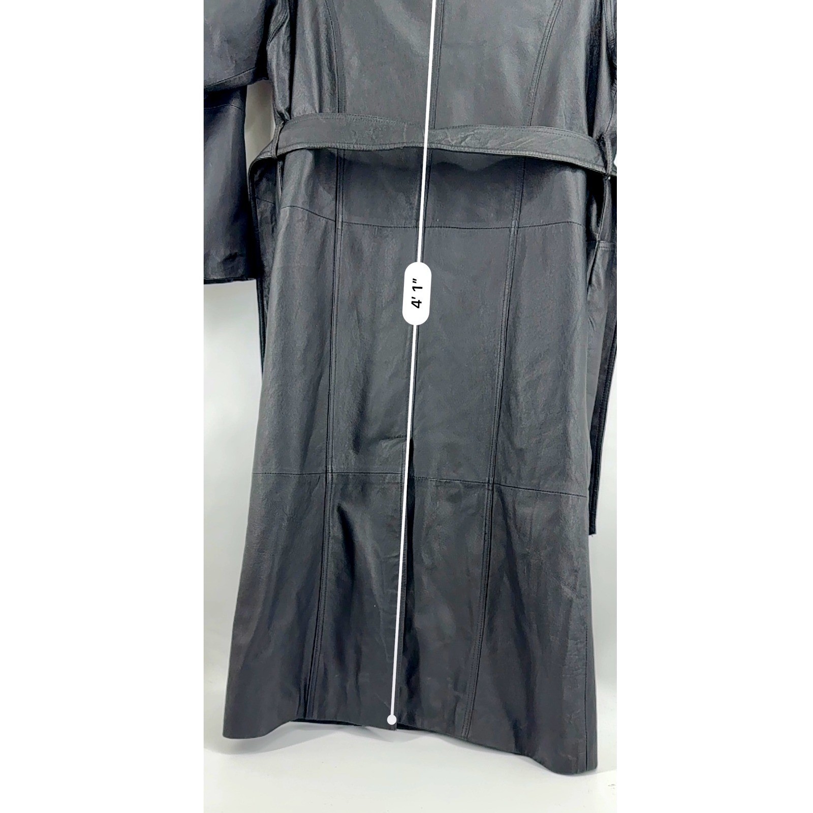 VTG Maurices Trench Coat Medium Women Oversize Leather Belted Black Full Length