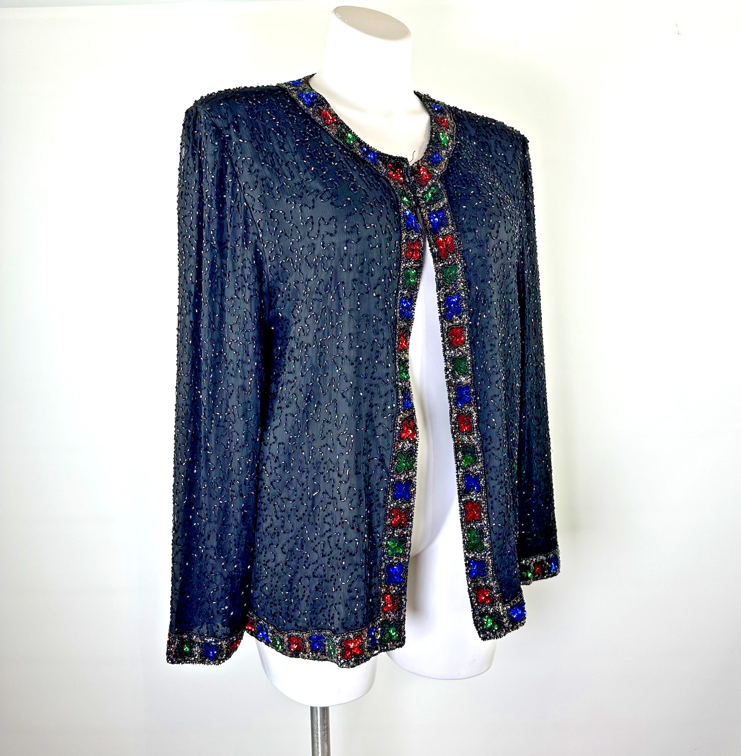 Laurence Kazar Vintage Beaded Silk Jacket Black Multi Color Sequin Womens 1X