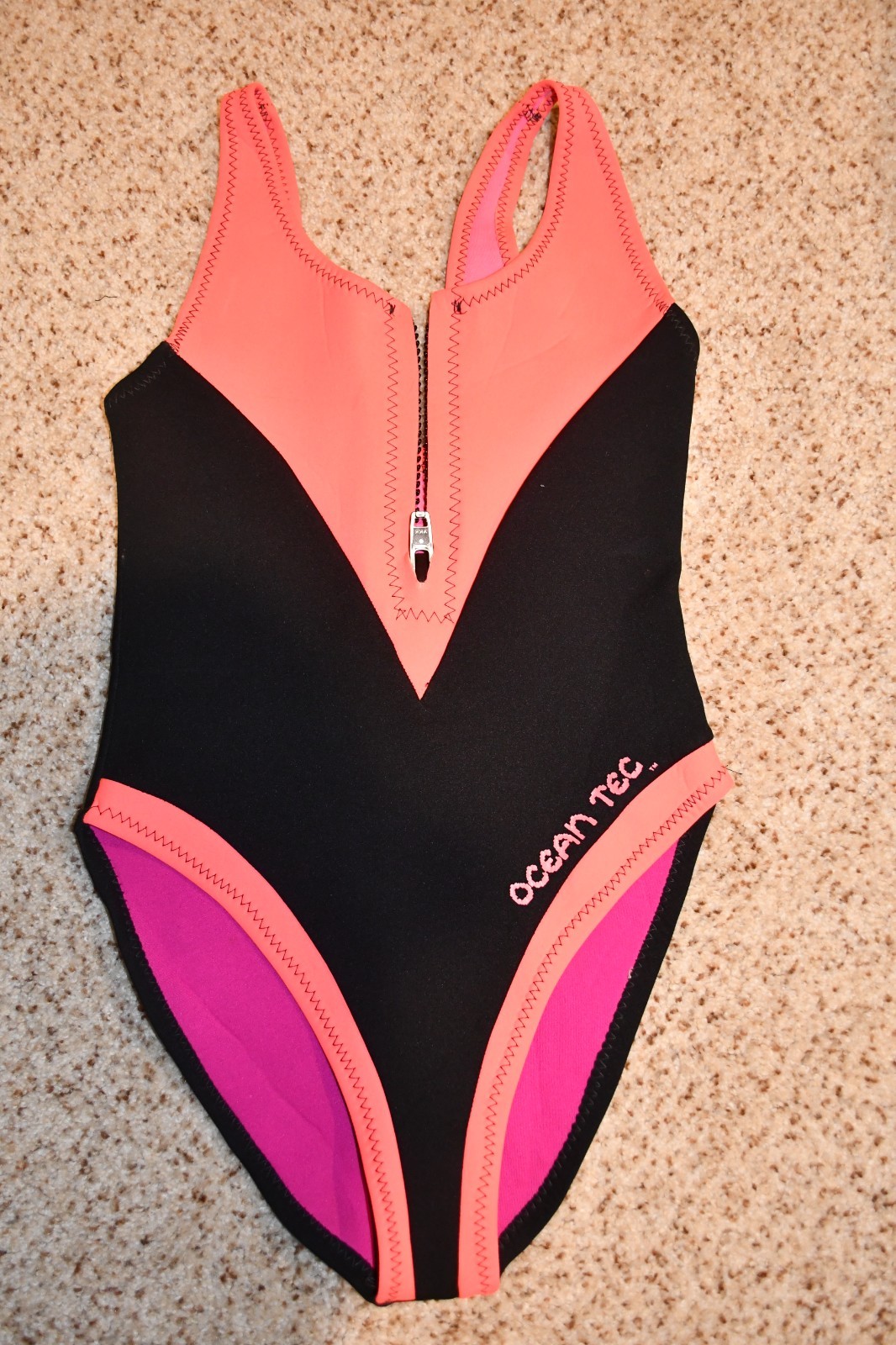 VINTAGE 1980’s 1990’S BLACK PEACH PINK NEOPRENE SWIMSUIT OCEAN TEC MEDIUM