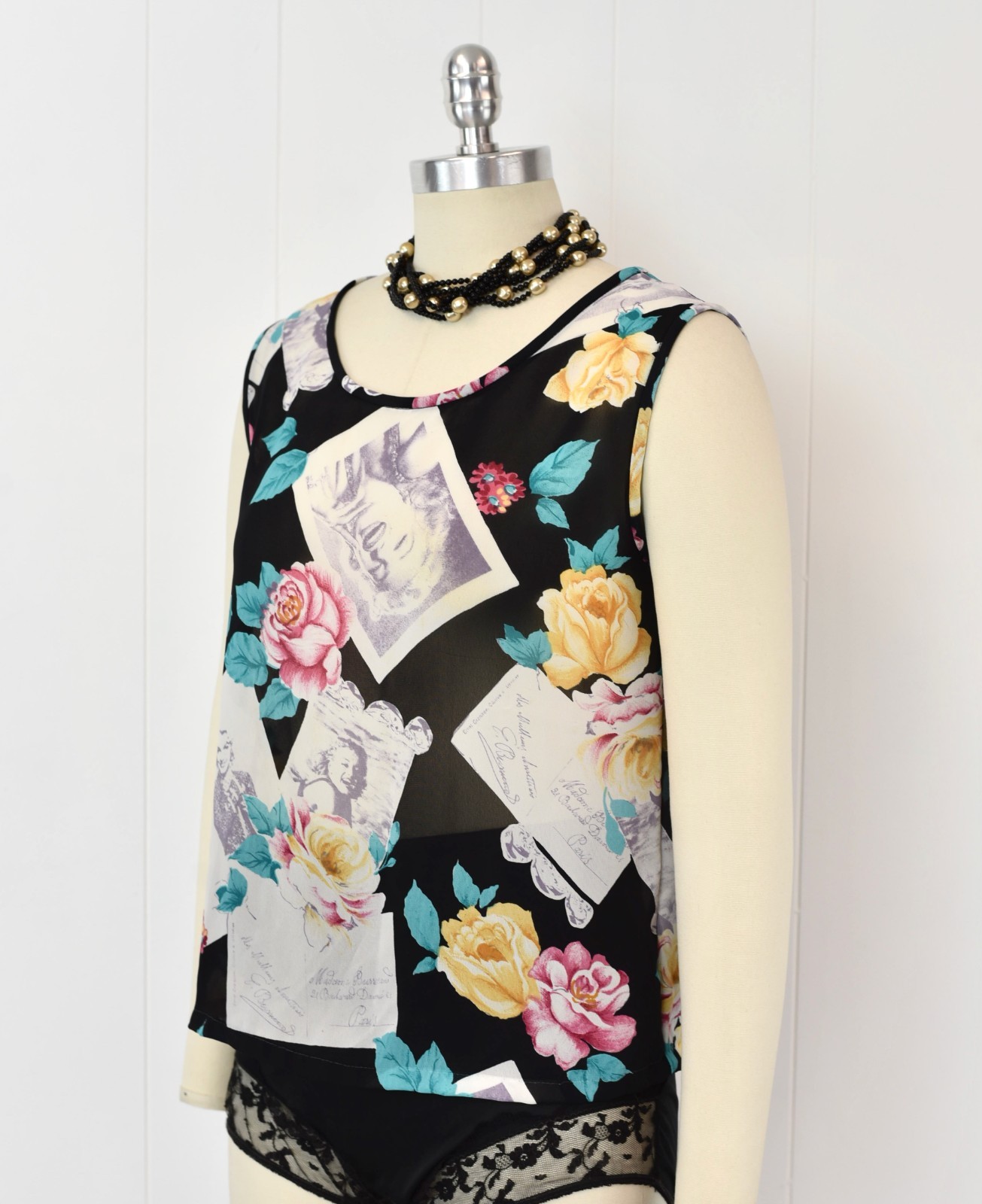 Vintage Marilyn Monroe Novelty Print Floral Black Sheer Lingerie Top Robe Set