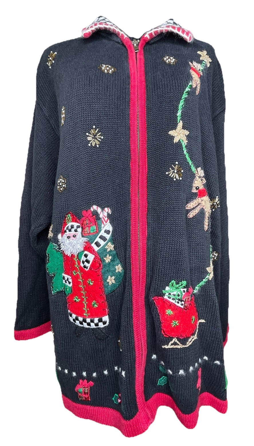 Vintage Christmas Sweater Jacket 1X Santa Embroidered Zip Cardigan Holiday Folk