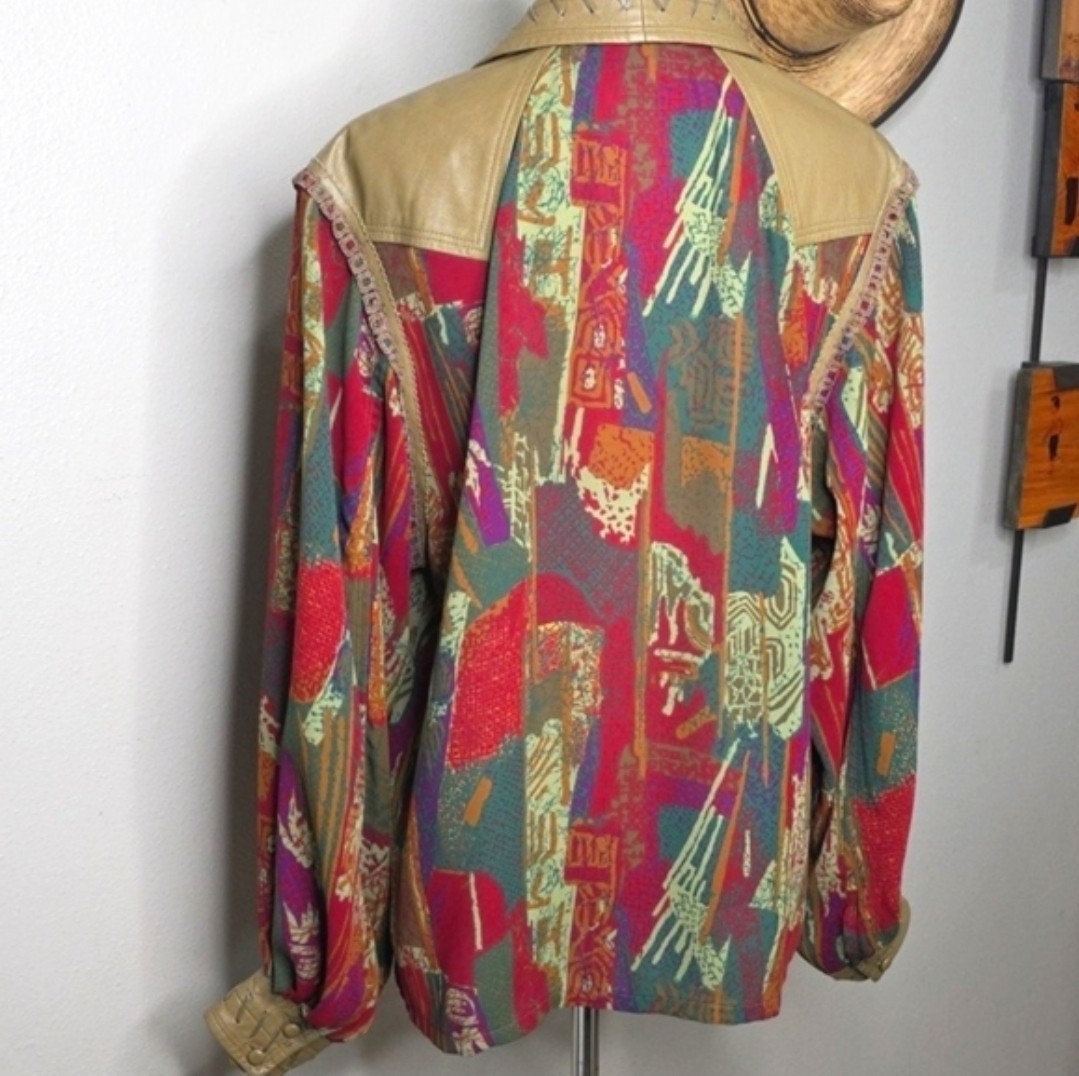 Vtg 80s Marc D’Alcy Abstract Blouse Leather Trim Western Wearable Art Size 8