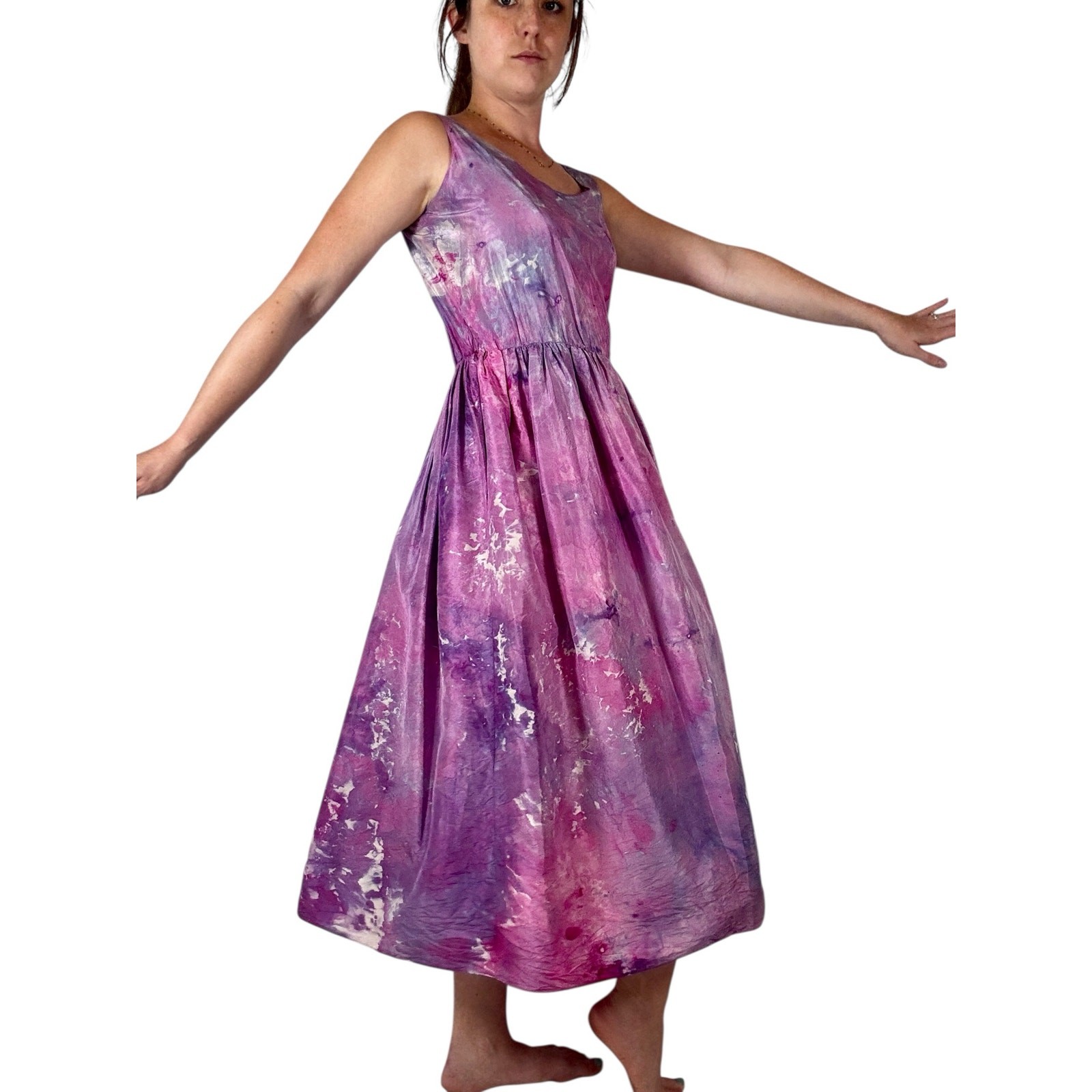 Vintage 1950s Hand Dyed Pink Purple Ice Dye Silk Fit & Flare Dress Crinoline