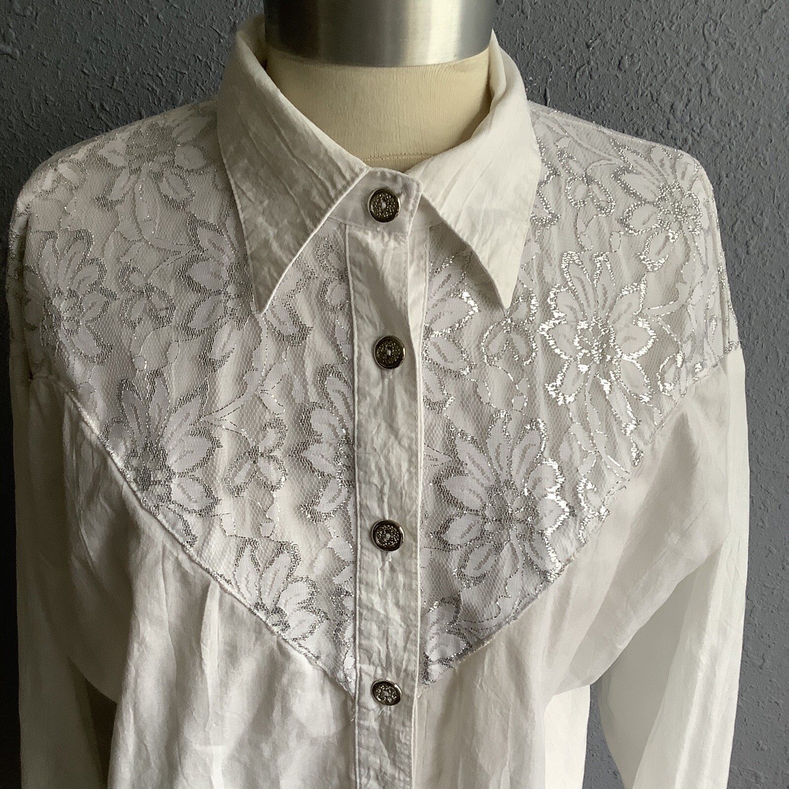 Vintage 80s Lilia Smitty White Long Sleeve Western Lace Metallic Bib Shirt MED