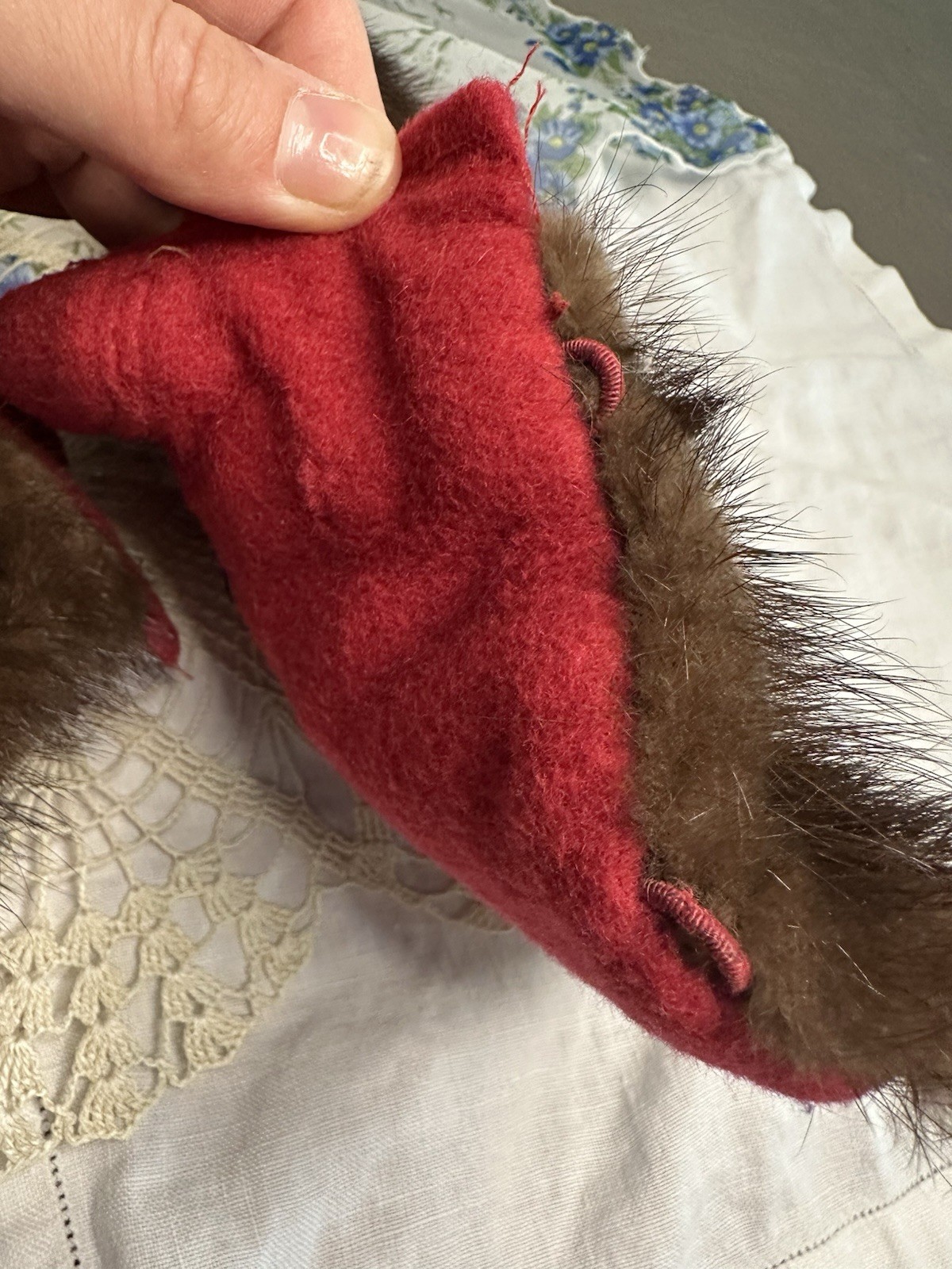 Vintage 1950s Mahogany Genuine Mink Fur Collar Scarf Stole Red Wool Backing