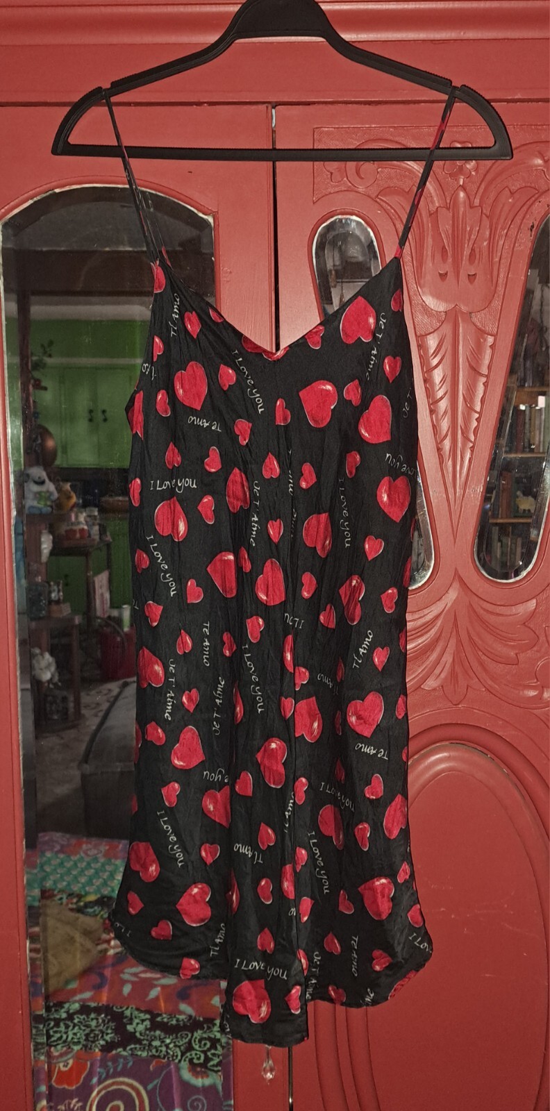 Vtg Intimate Style Silk Chemise Nightie Small Black Red Hearts I Love You Te Amo