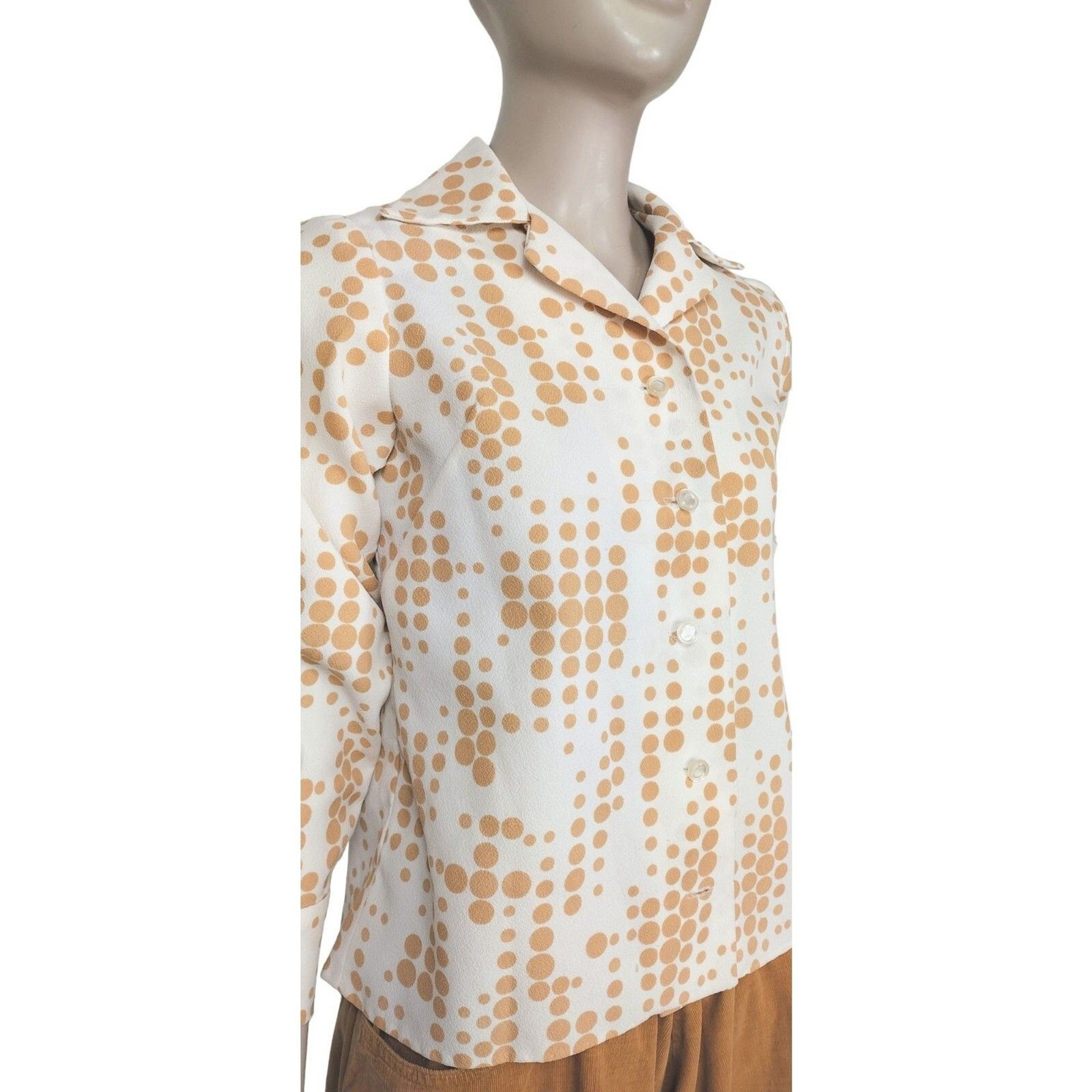 Vintage White Tan Polka Dot 60’s 70’s Button-Down Shirt Size XS/S/M