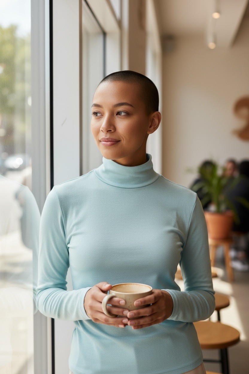 🧵 Vintage Light Blue Turtleneck Top Rear Zip Long Sleeve Soft Knit Minimalist