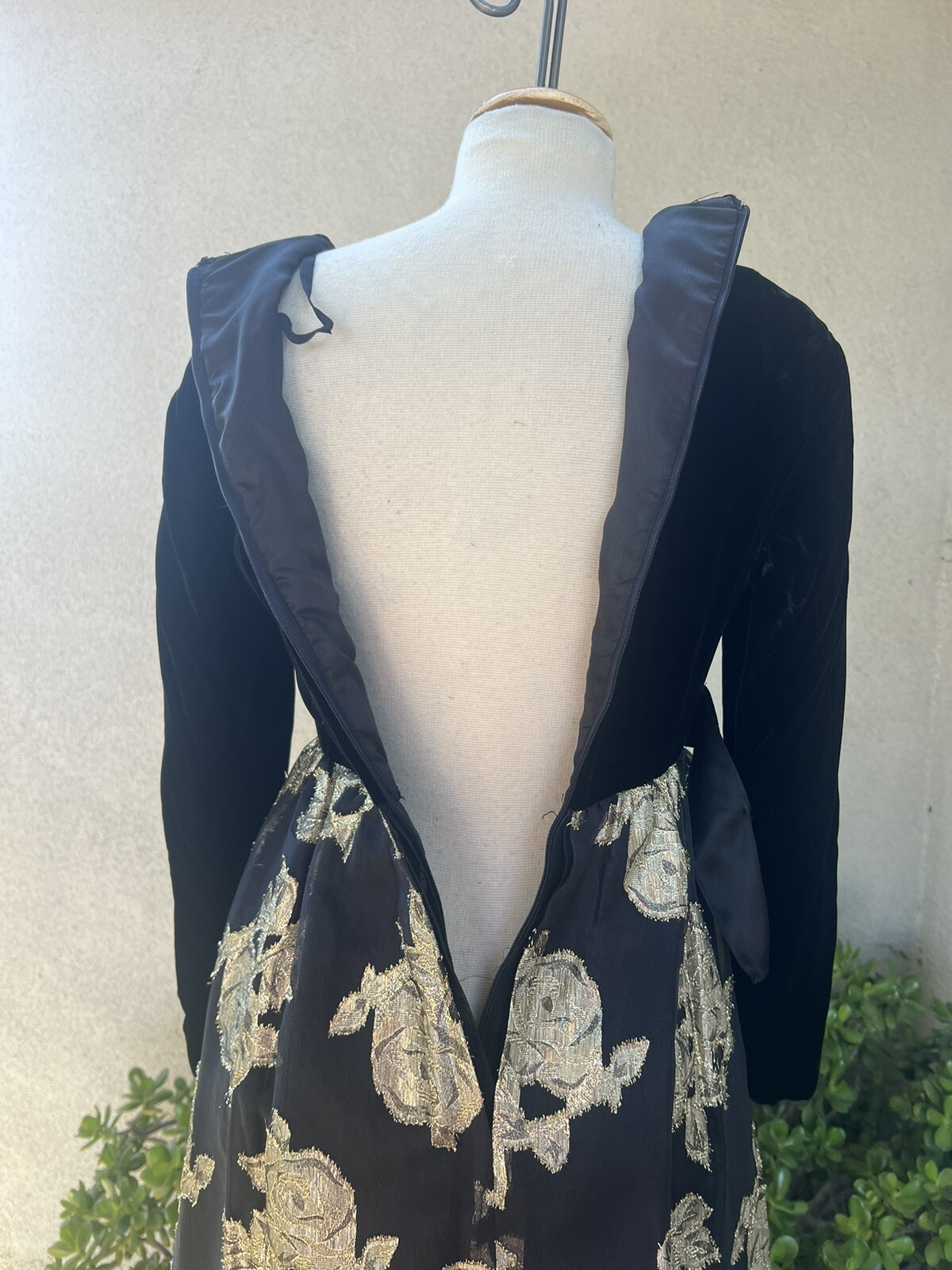 Vtg Glam Maxi Evening Dress Black Gold Velvet Brocade Chiffon 6 Sm Roger Milot