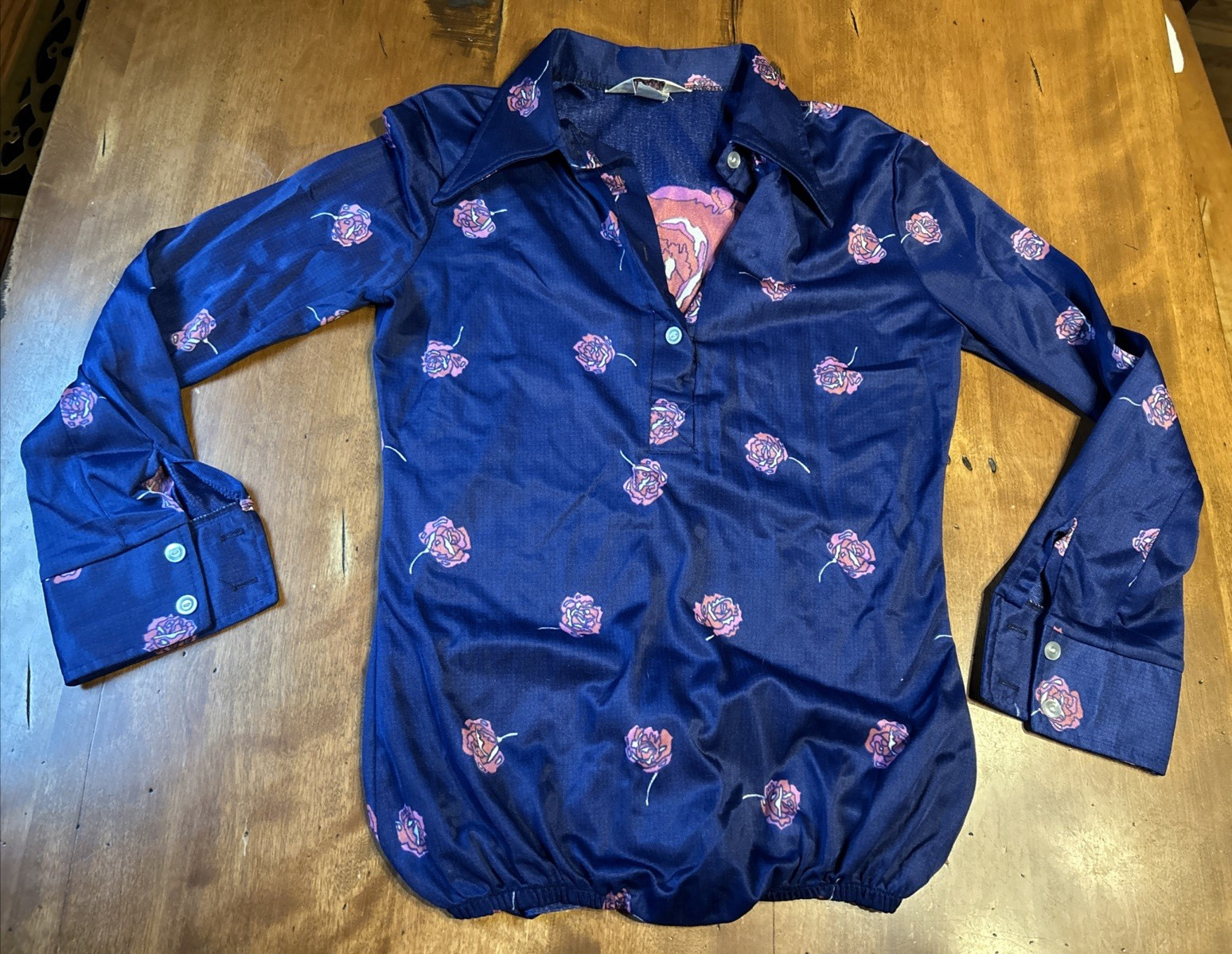 Vtg 70s Langtry Ltd blouse Bodysuit Navy Rose 1/3 Button Rocker tattoo art boho