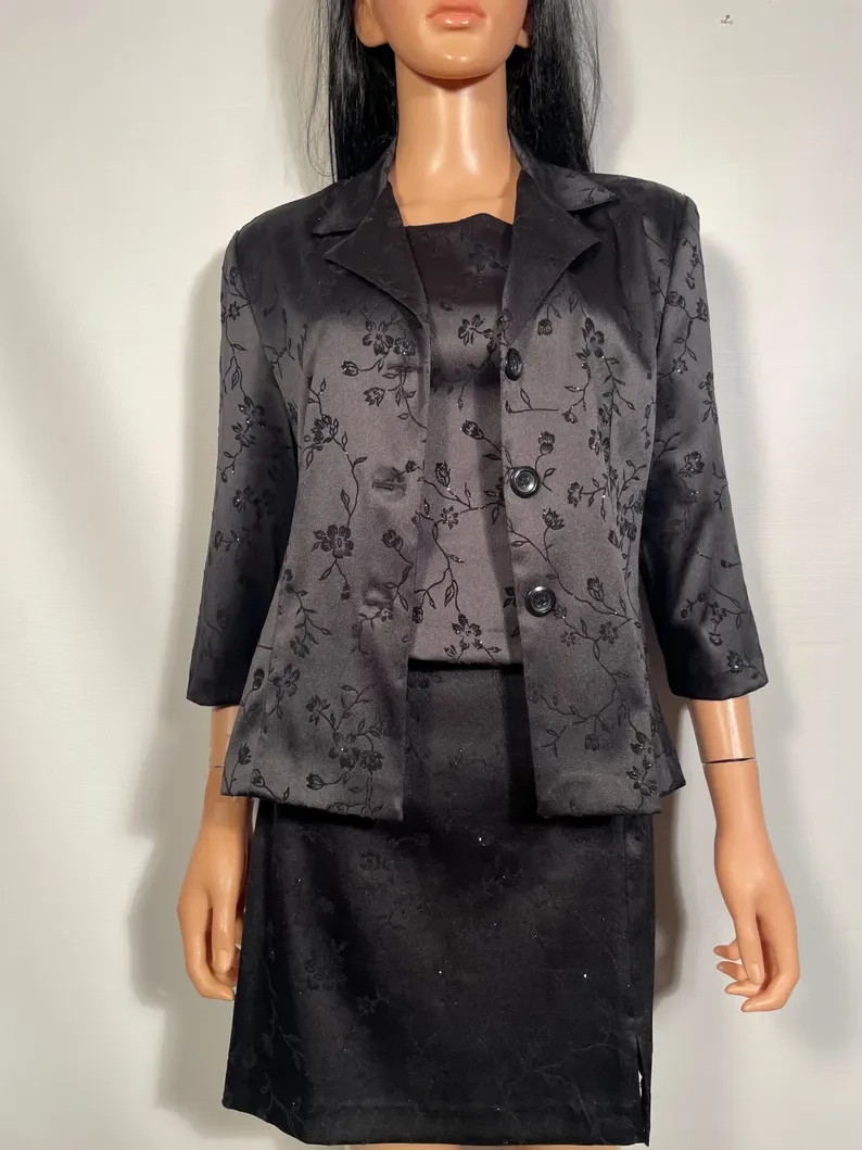 90s Black Satin 3 Piece With Flocked Velvet Glitter Floral Size 11/12 M 30/31 W