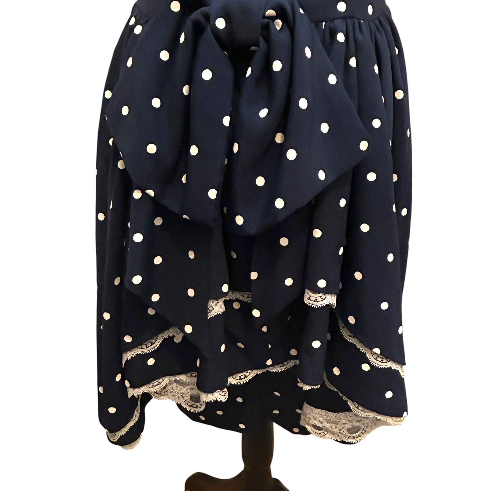 Vintage 1980s 1990s Polka Dot Dress Navy Blue Bow Lace Trussel Size XS or S