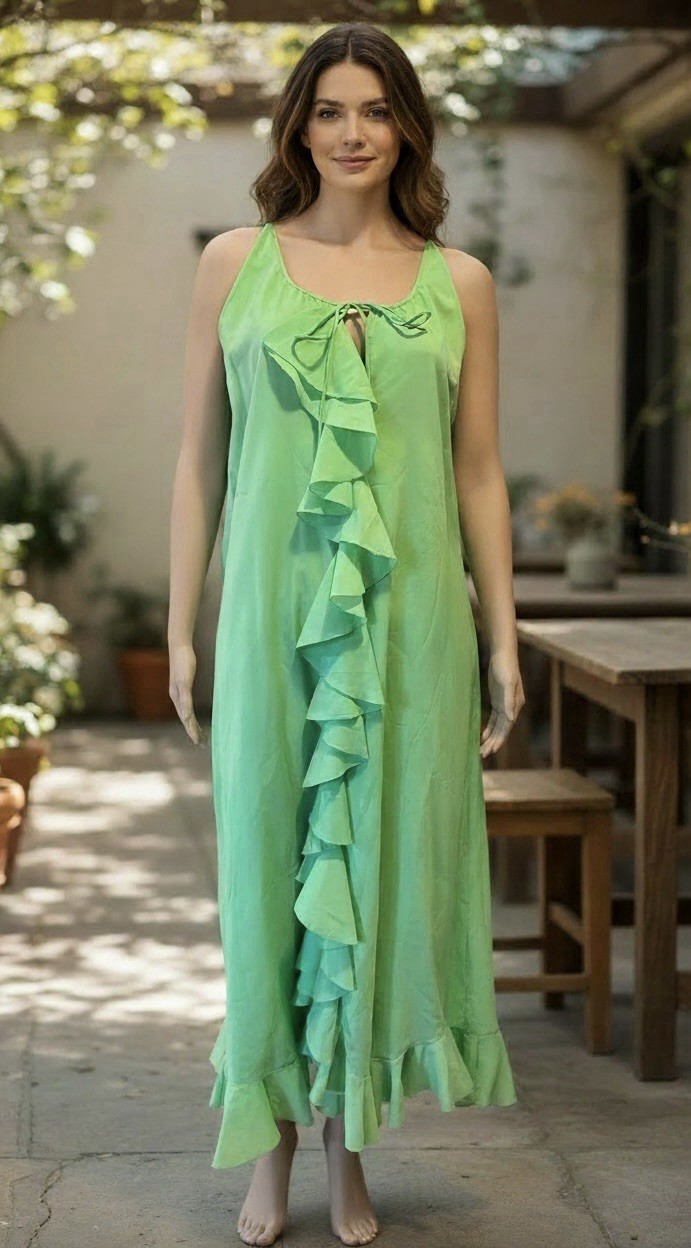 VTG Lala’s ORIGINALS CALIFORNIA Green Nylon Ruffle S Nightgown robe-Coverup