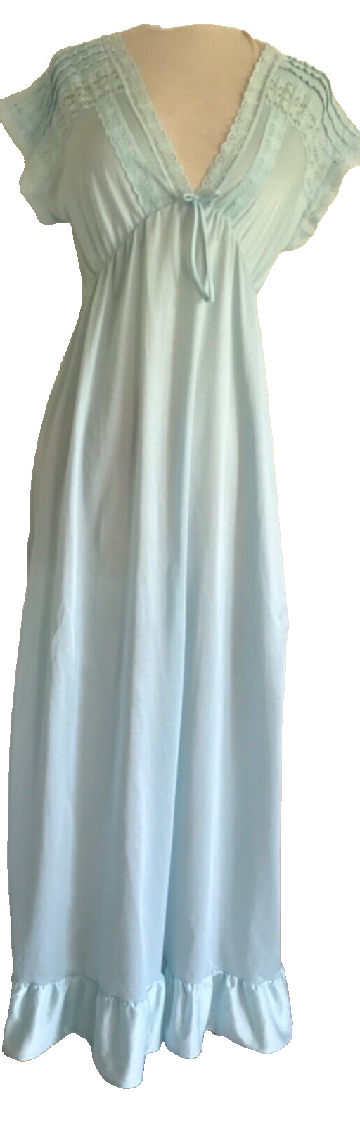 Vintage Powder Blue Nylon Lingerie Gown, Long V Neck Rikki New York M, Ruffle V