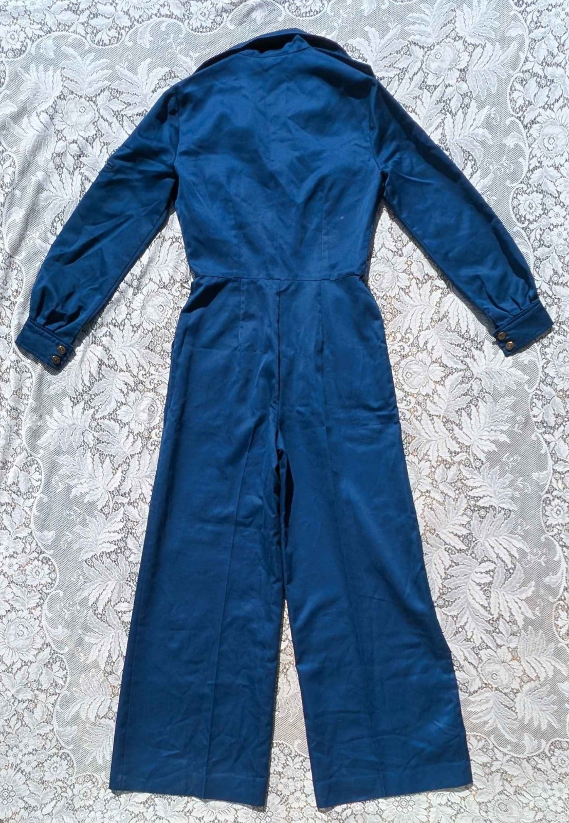 Retro Vintage 60s 70s Blue Bell bottom Round collar Zip Disco Work Jump Suit