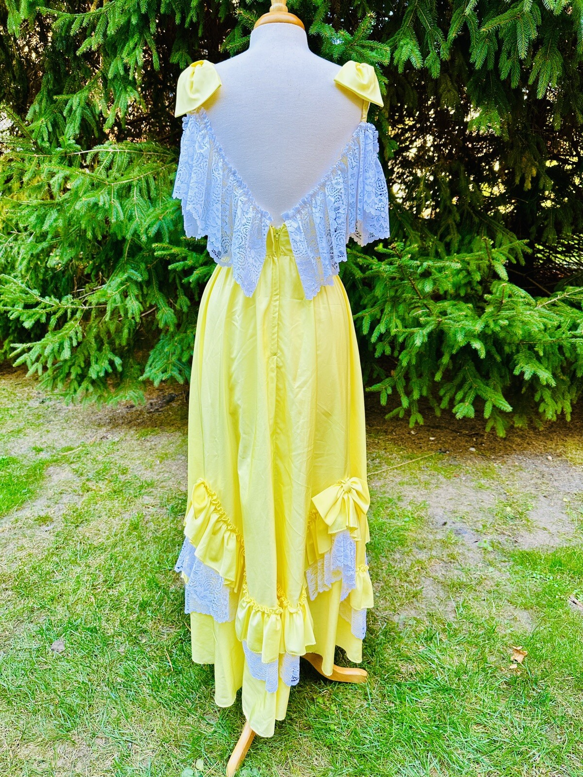 Vtg ILGWU Union Made Dress Yellow Lace Maxi Ruffle/Layered/Bow Cap Sleeve Size S