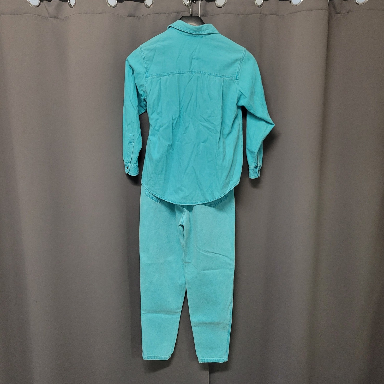 Chaus Sport Denim Pant Set Turquoise Vintage 90s Floral Embroidered Size M 12