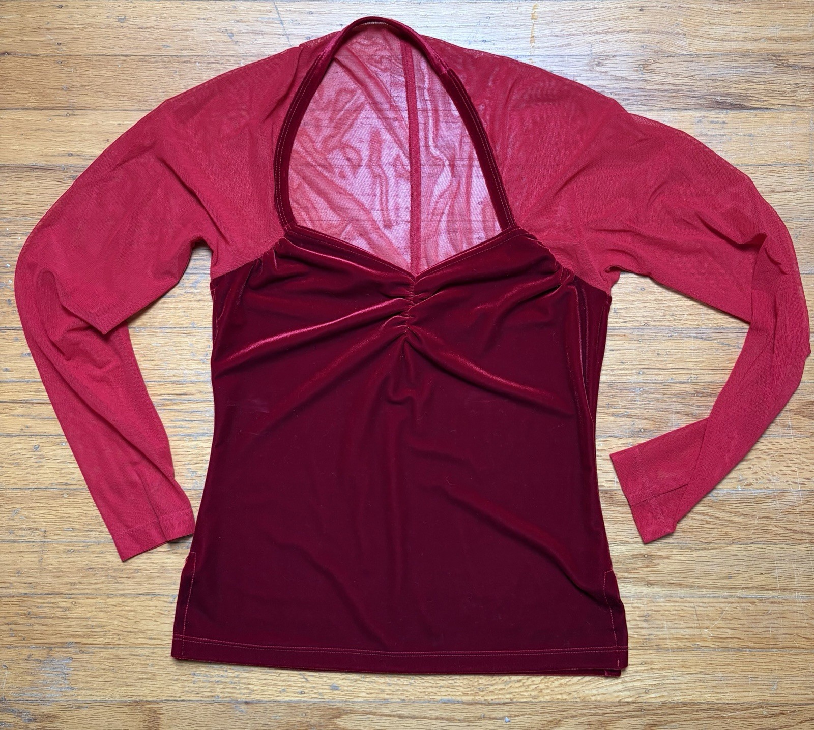 Vintage 90s Y2K Velvet Long Sleeve Top Sz M Sheer Whimsigoth Fairy Red Mesh