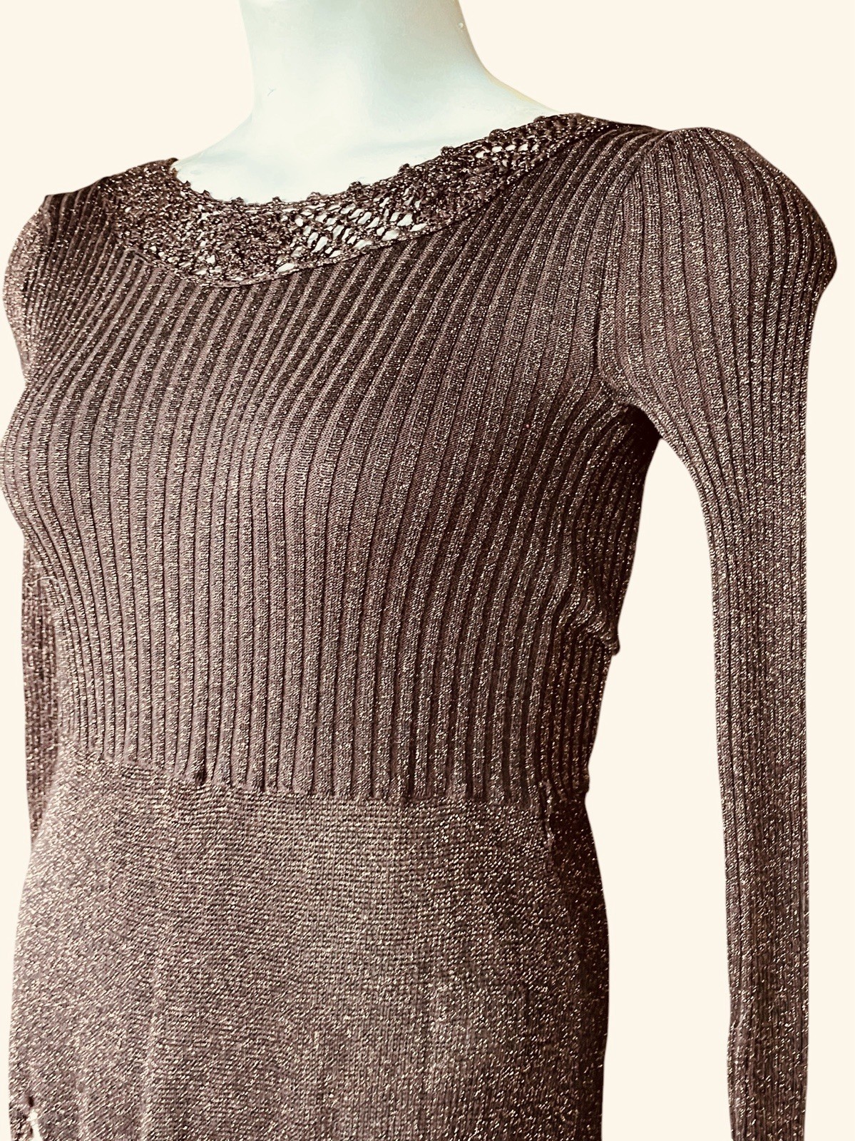 Vtg 70’s WENJILLI Bronze Metallic Slinky Knit Lurex Shimmer Maxi Dress 11 / 12