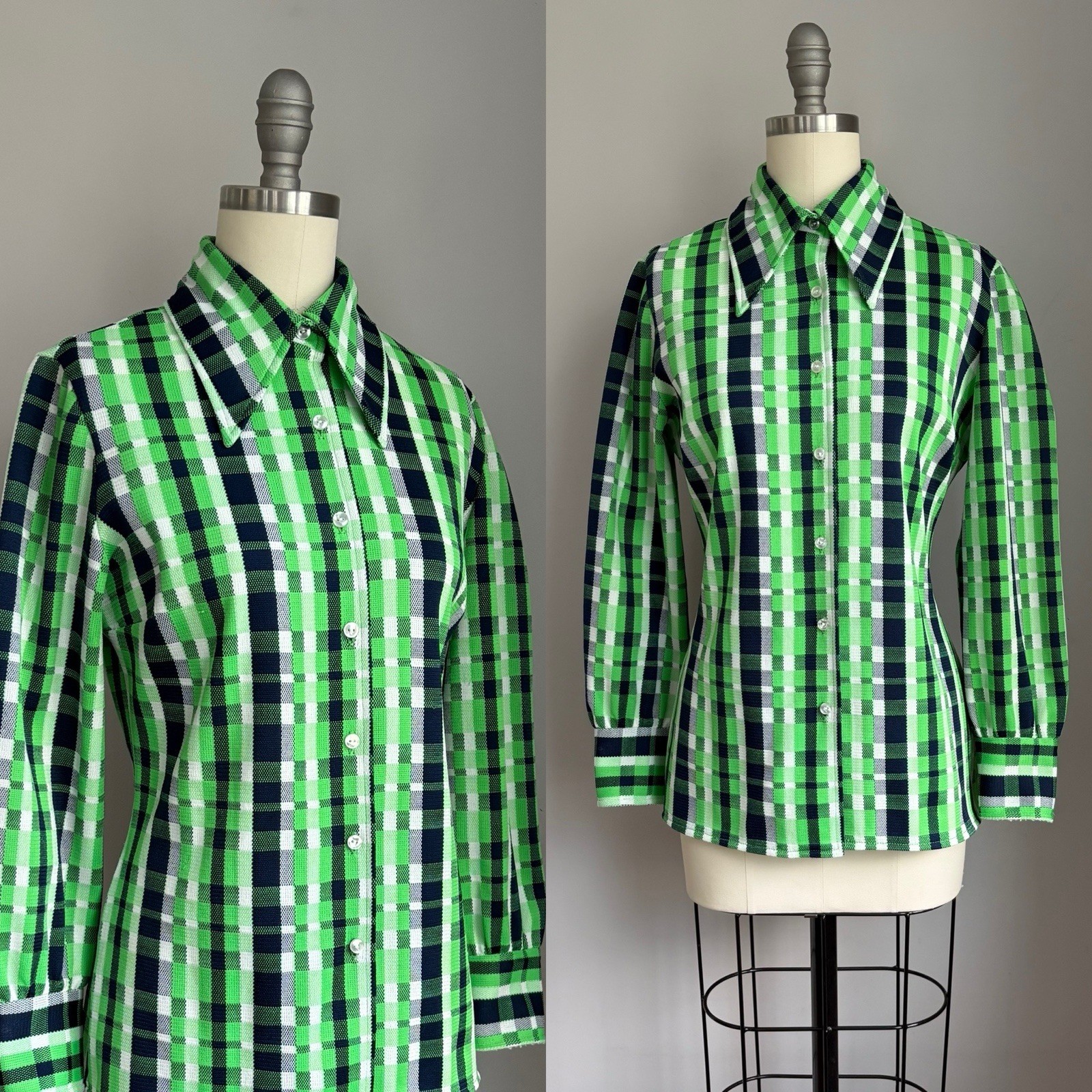 Vintage 1970’s Mod Plaid Polyester Dagger Collar Button Down Shirt Medium