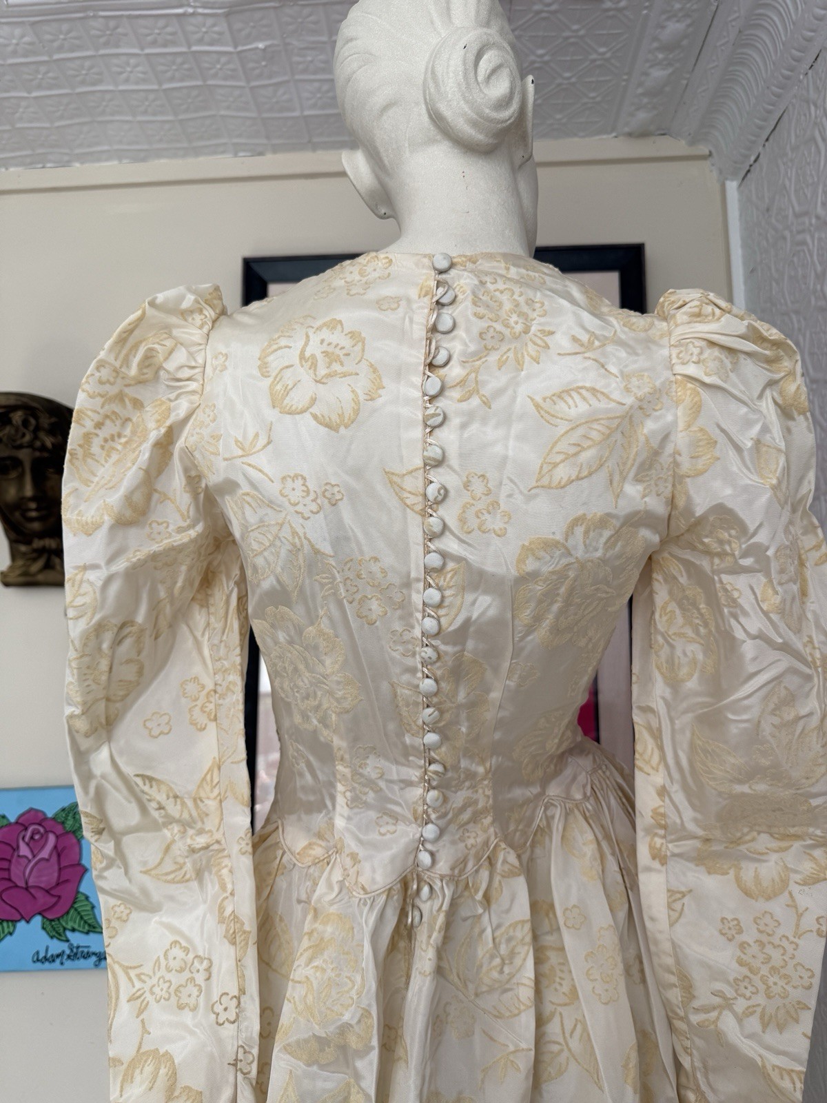 Vintage 1930s wedding gown puff sleeve flocked floral ivory dress-antique bridal
