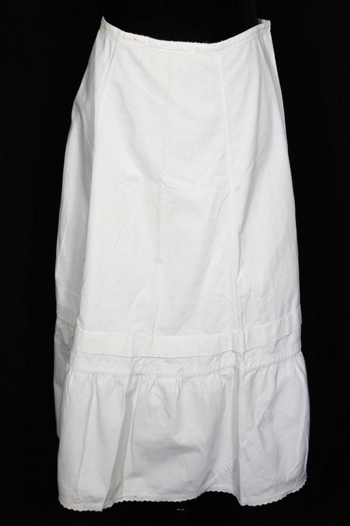 RARE ANTIQUE FRENCH EDWARDIAN WHITE COTTON PETTICOAT SKIRT 29″-30″ WAIST 31″L