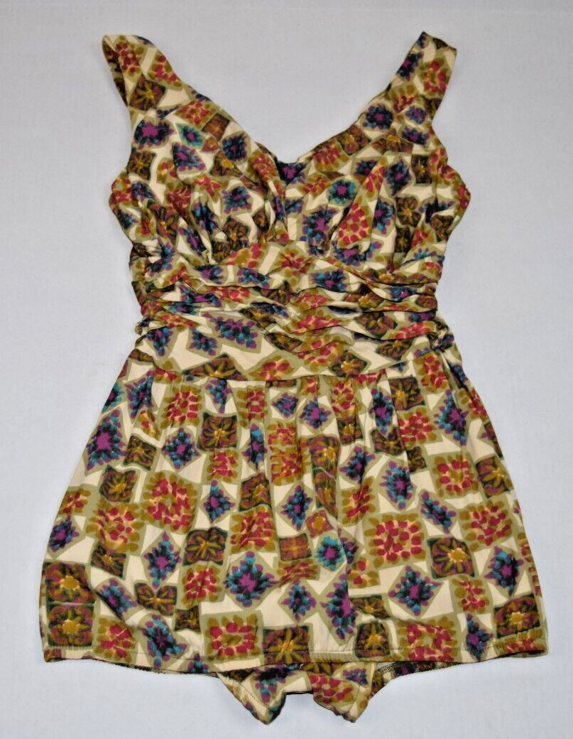 Vintage Swimsuit Rose Marie Reid Size 12/34 S/M 50s Ruched Geometric Made USA