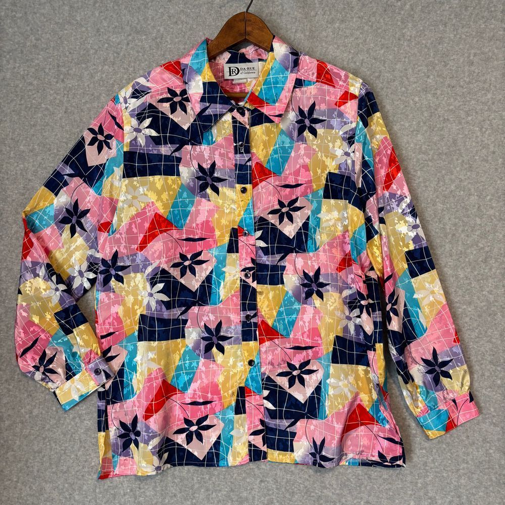 Vintage Da-Rue of California 80s Shiny Multicolor Floral Blouse Top Women’s 18