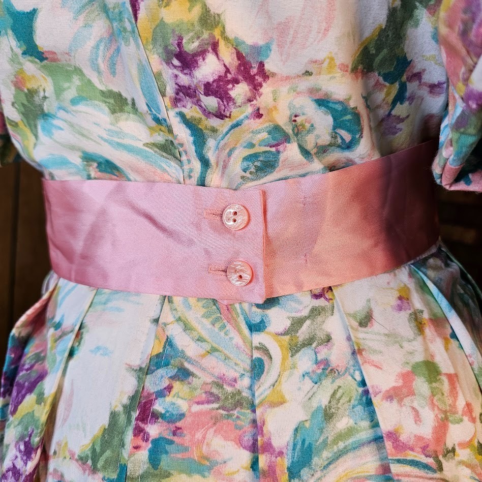 Vtg 80s Fever Dream Floral Romantic Garden Party Belted Bow Volup Tea Dress M/L