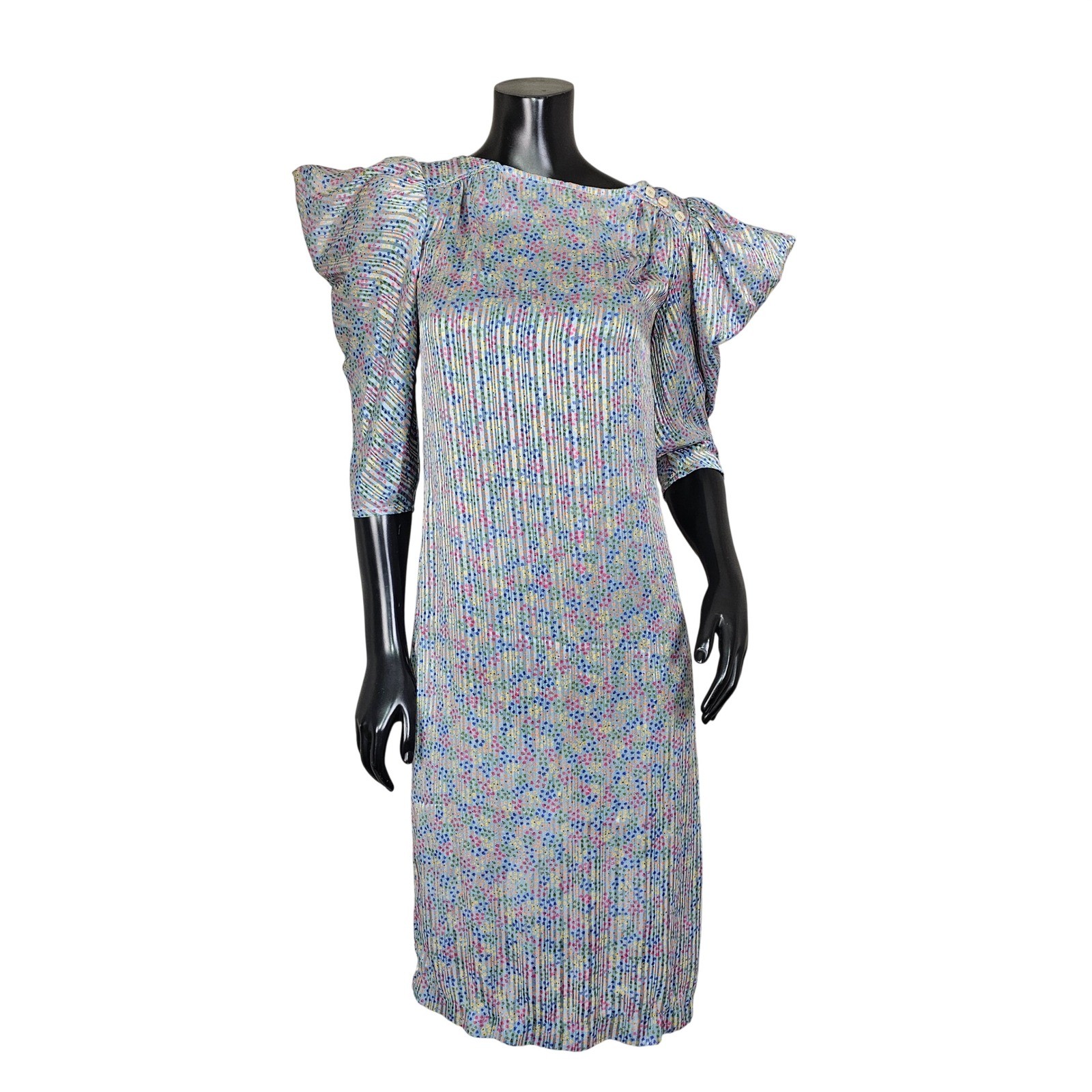 Vintage 80s Ala Carte Pleated Dress Flutter Puff Peek Shoulder Micro Floral