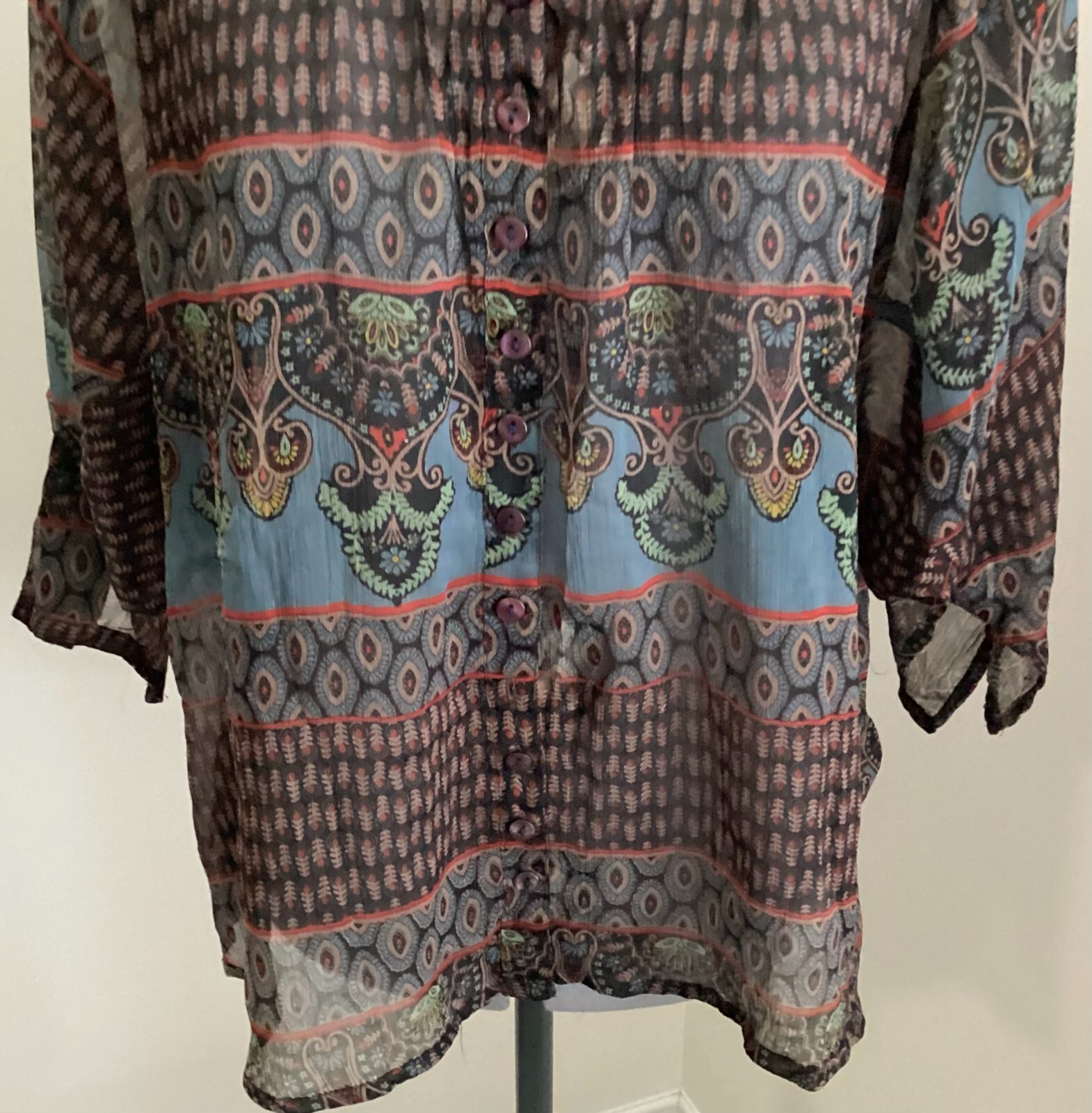 VTG Passport Pier 1 black teal pattern scoop v neck button sheer BOHO 3/4 sleeve