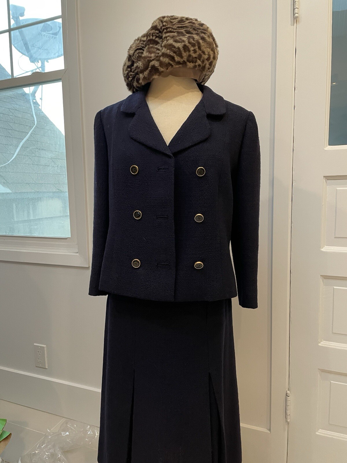 Vintage 1950’s CRISTOBAL BALENCIAGA Couture DB Navy Tweed Jacket Skirt Suit