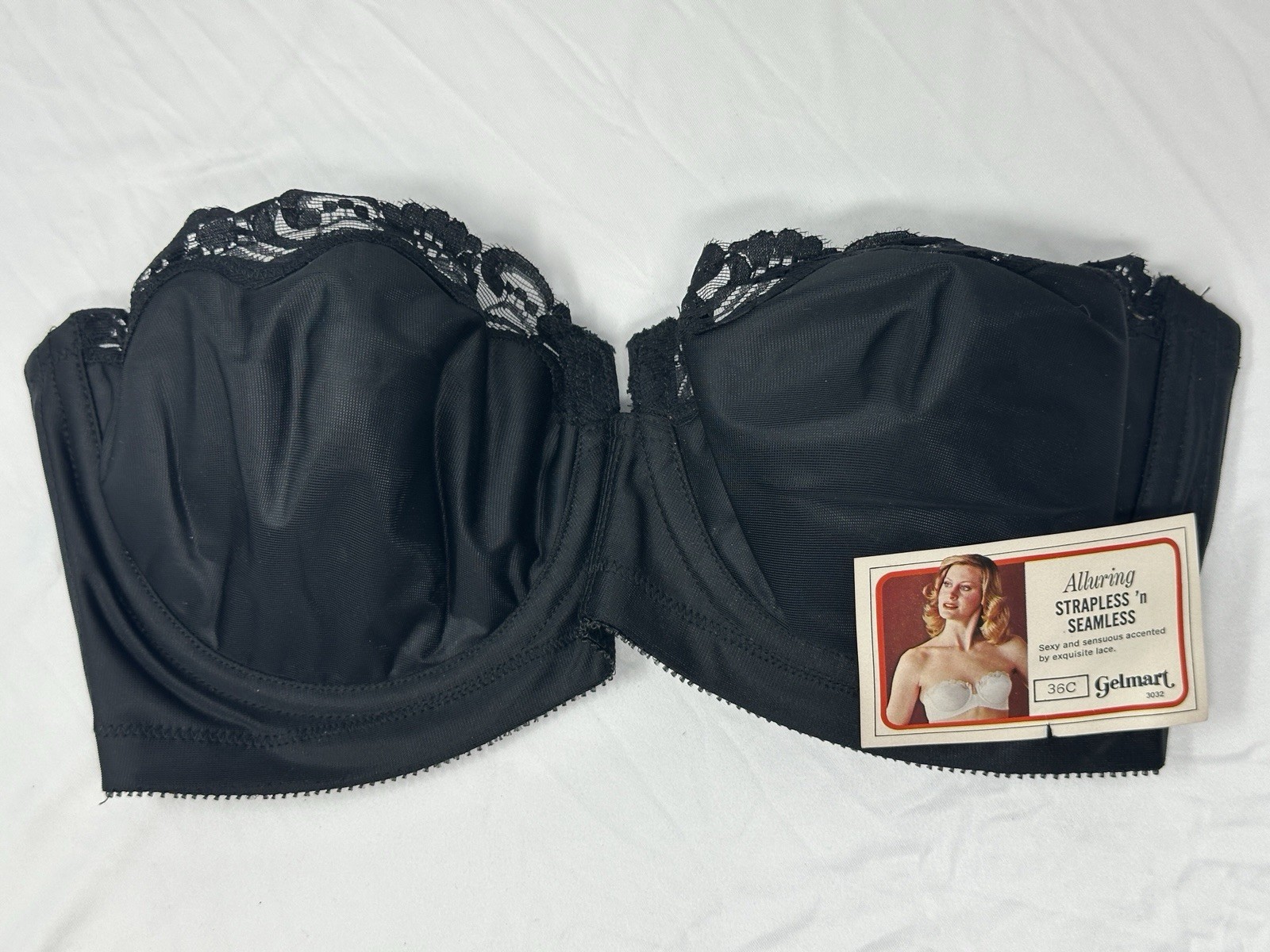 Vintage Strapless Underwire Bra Gelmart 36C ~ Black Lace Seamless NWT NOS #C149