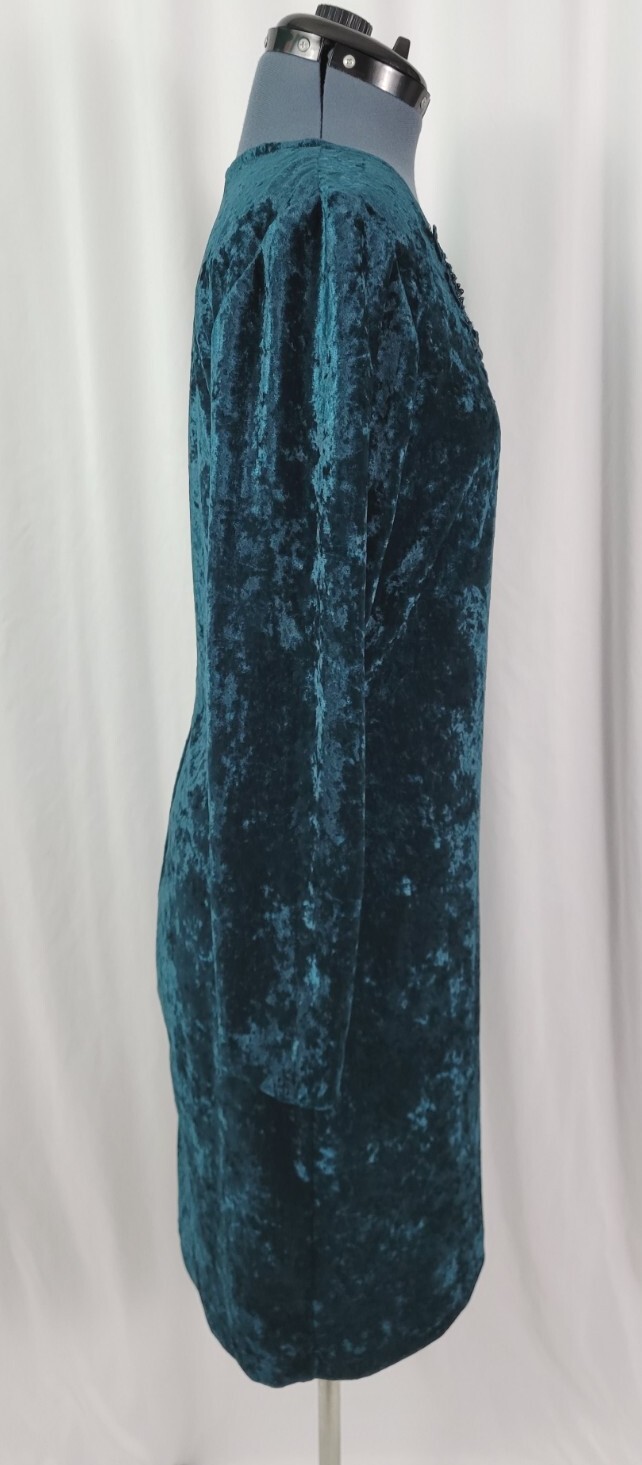 Vtg Molly Malloy Teal Green Crushed Velvet Wiggle Dress w Lace & Beads Size 12
