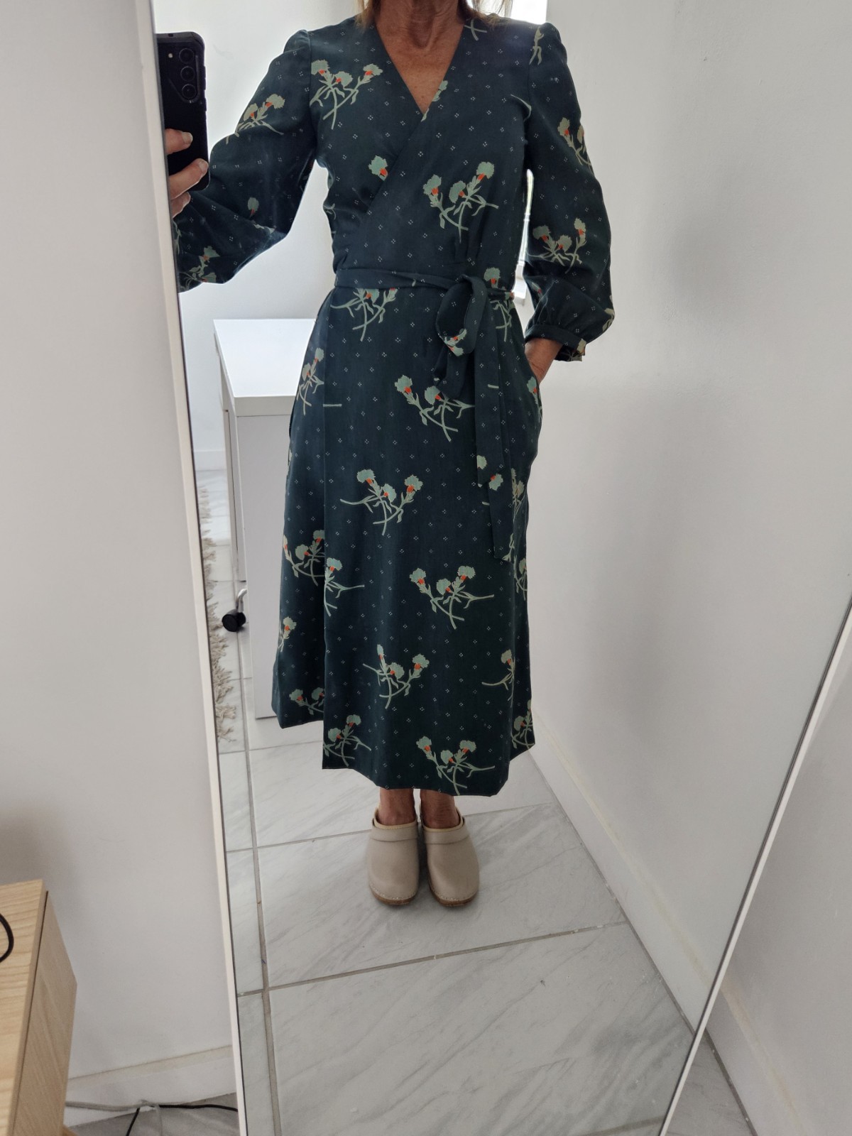 Sonia Rykiel Vintage 70’s Green Floral Long Sleeve Wrap Dress