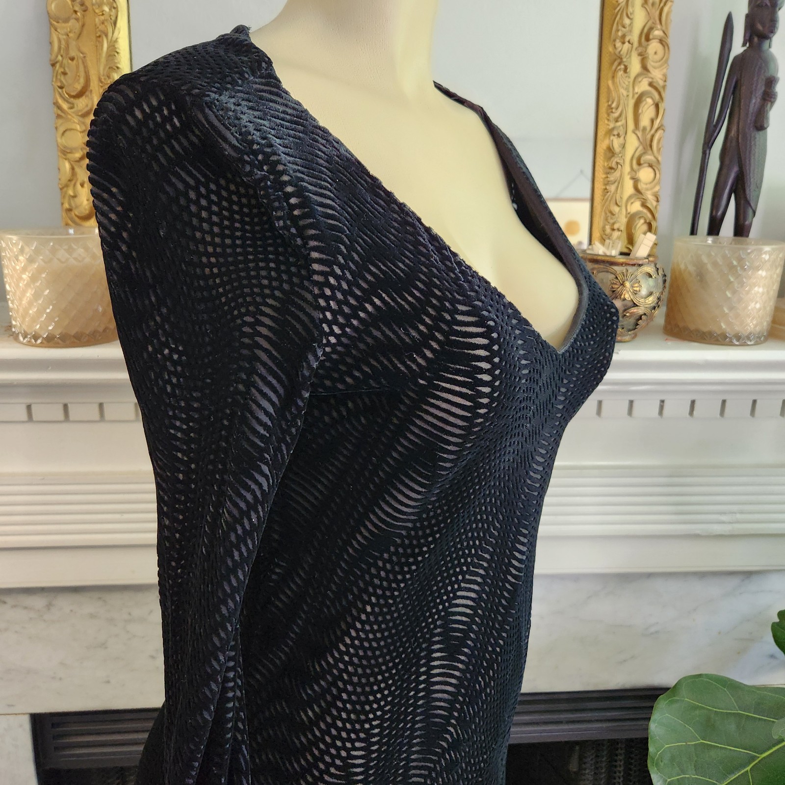 90s Helen David Devoré Velvet Burnout Black Maxi Dress Sz 8 Goth Dark Romantic