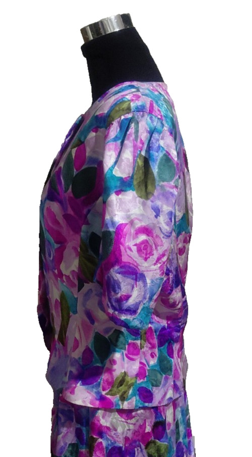 Adrianna Papell 2 PC 100% Silk Jacket & Long Skirt Pink Blue White Floral SZ 14