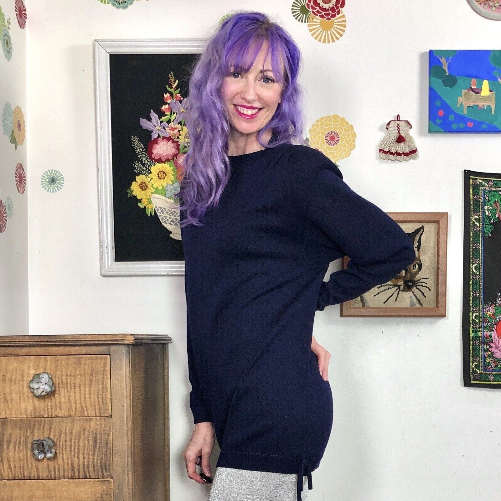 Vintage St. John Santana Knit Tunic Top, 1980s Navy Blue Sweater, Sz S
