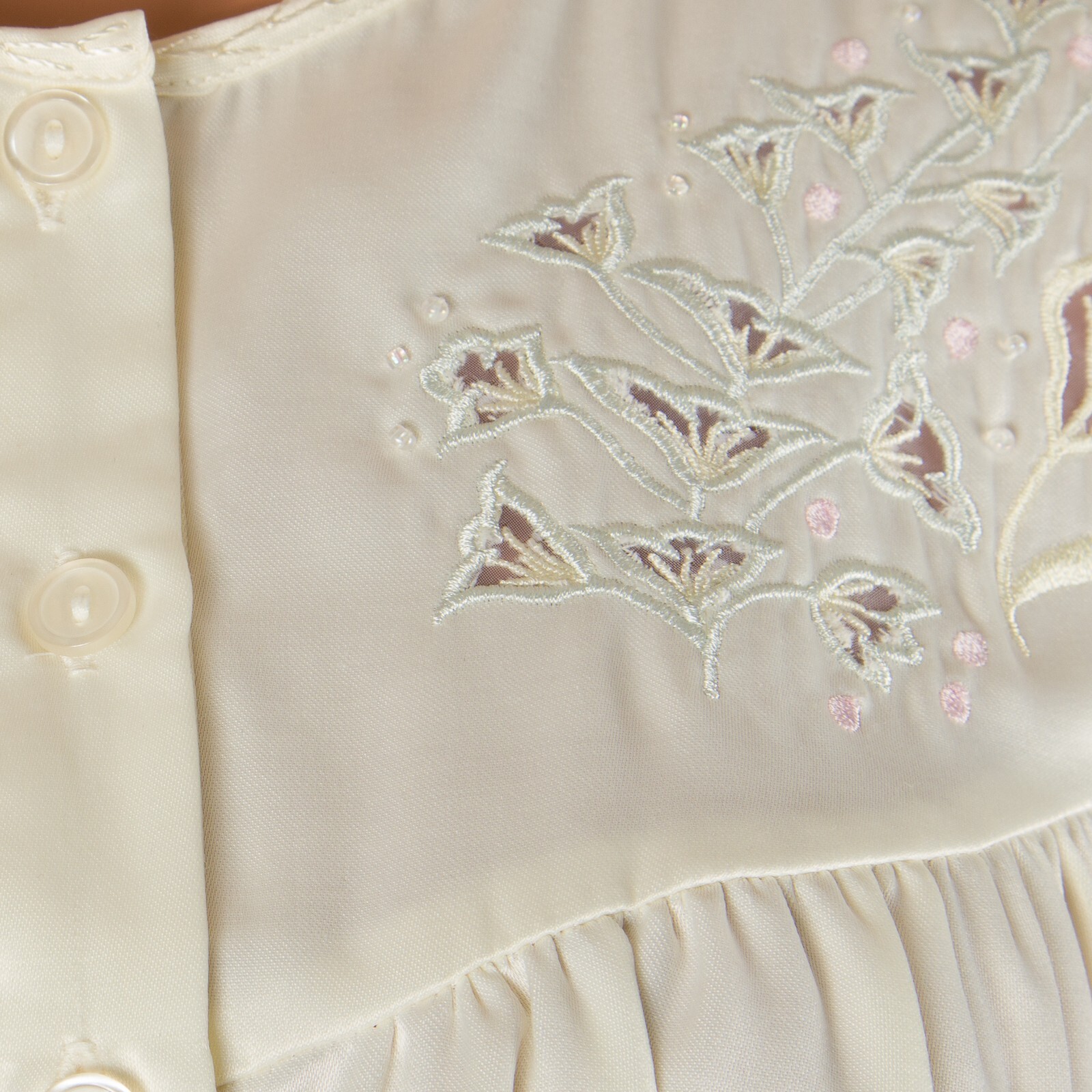 💖 BARBIZON Ivory Satin Nightgown Long Sleeve Cut-Out Embroidered Button Small