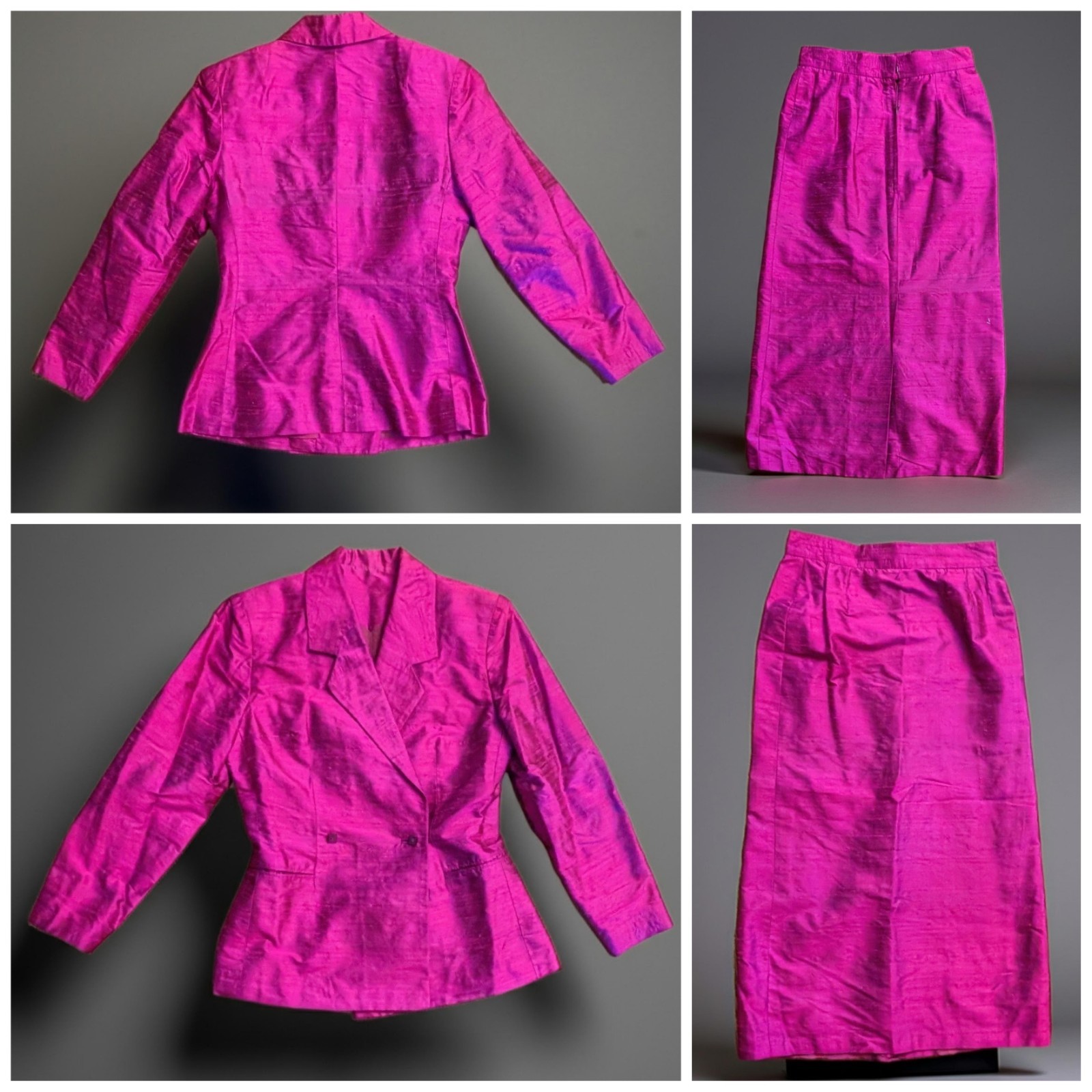 Vintage 90s Custom Raw Silk Skirt Suit Set Magenta Fuchsia Tailored Midi XS 0