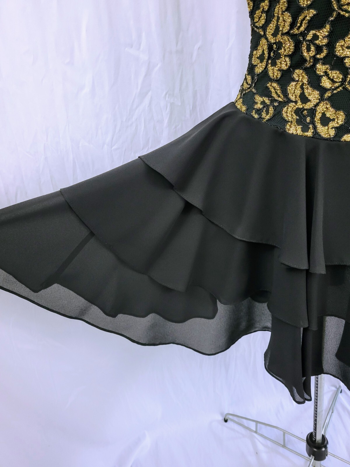 Vintage Late Edition Gold & Black Lace Bodice Dress w Tiered Skirt Size 10