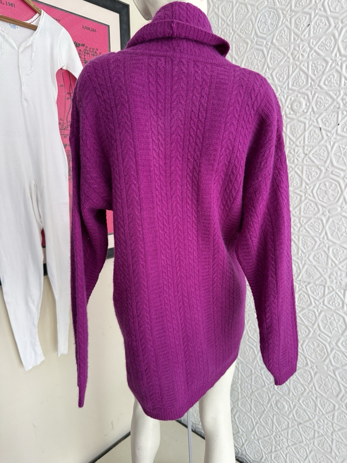 vintage sweater 1980s lambswool angora cable knit turtleneck pink M oversized