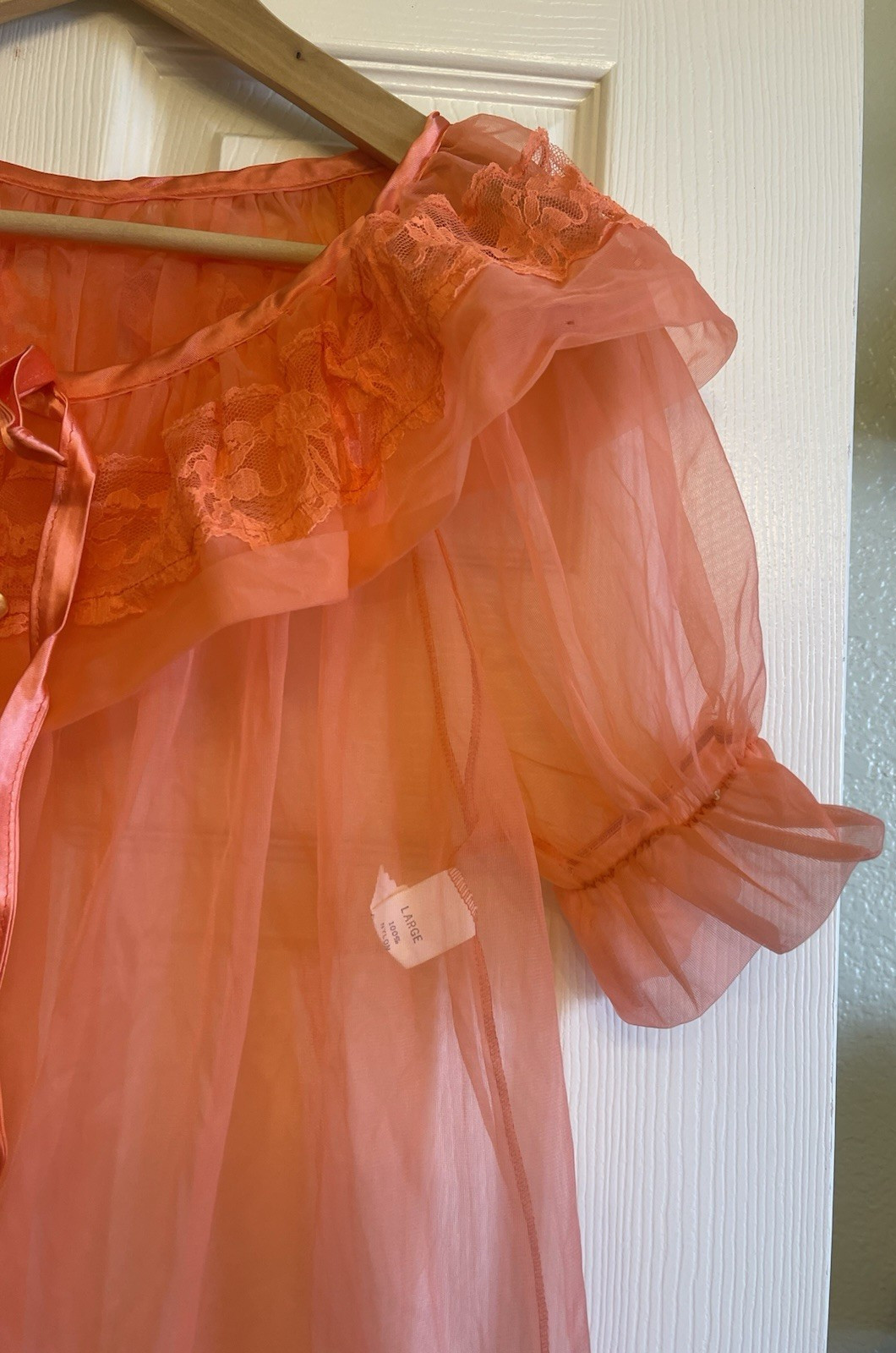 Vtg Coral Sheer Peignoir Housecoat w/Lace Chiffon Ruffles and Satin Ribbon Tie~L