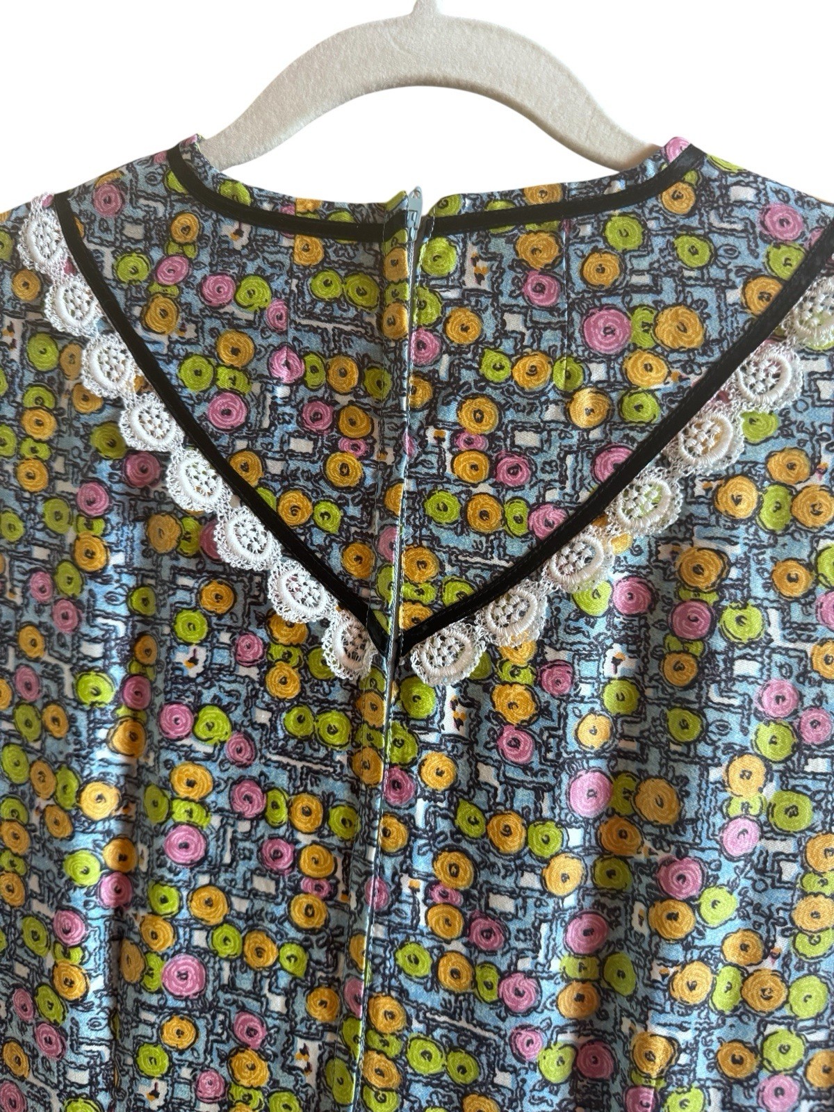 Vintage 1970s Homemade Prairie Long Dress Multi Colored Design Black Ribbon Lace