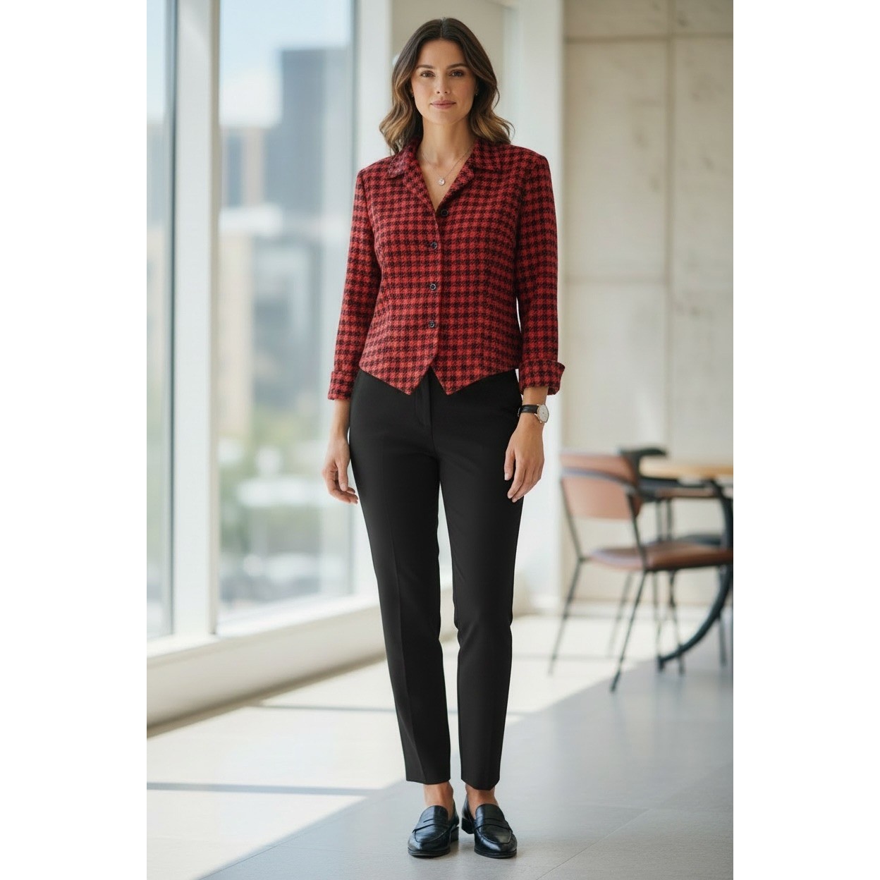 Vintage Carlisle Silk Wool Plaid Button Down Top 6 Red Black Pointed Hem Career